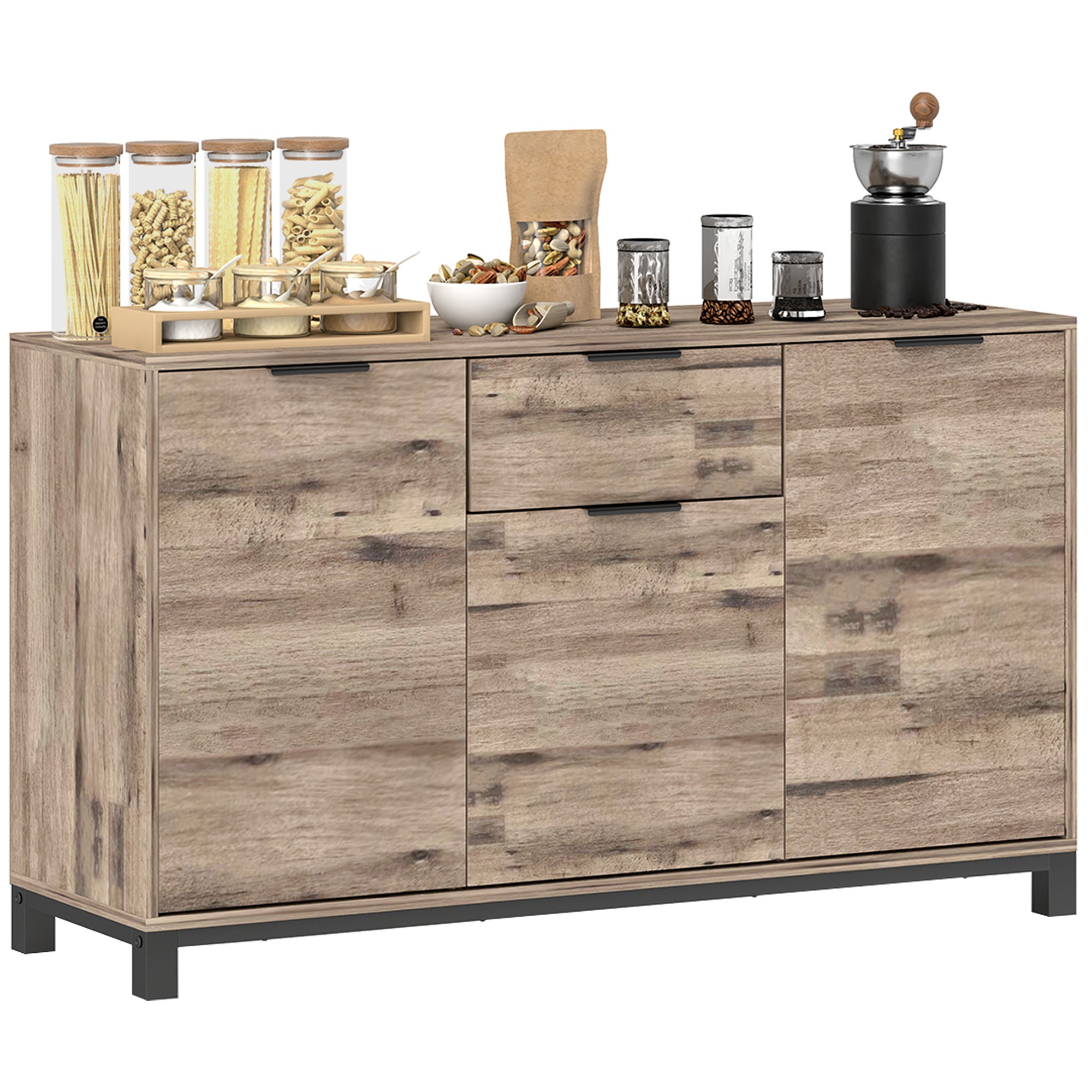 Living Room Cabinet, Sideboard with Drawer and 3 Cabinets with Adjustable Shelves, Cupboard with Industrial Style Steel Legs for Dining Room and Kitchen, 120x36.5x70 cm, Brown