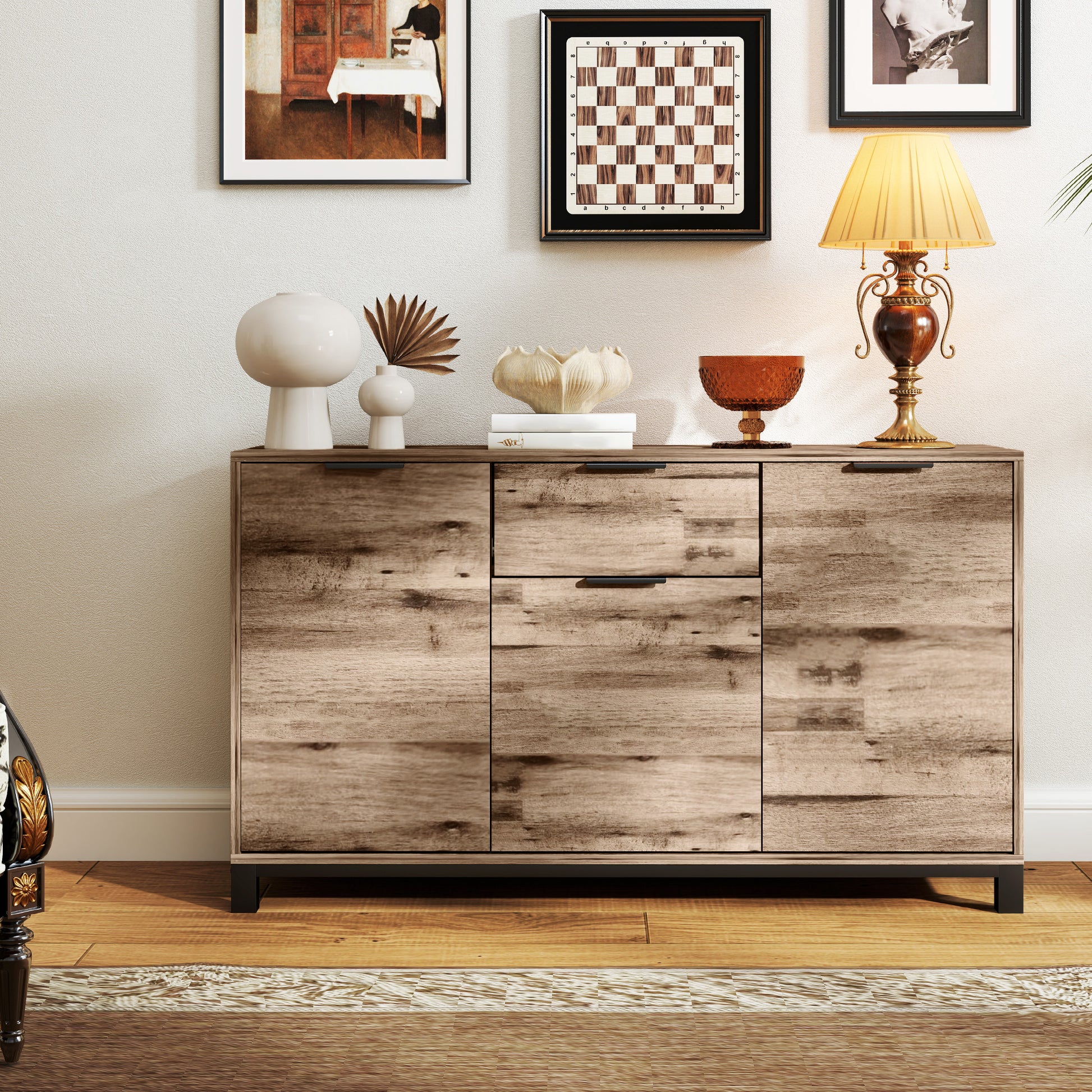 Living Room Cabinet, Sideboard with Drawer and 3 Cabinets with Adjustable Shelves, Cupboard with Industrial Style Steel Legs for Dining Room and Kitchen, 120x36.5x70 cm, Brown
