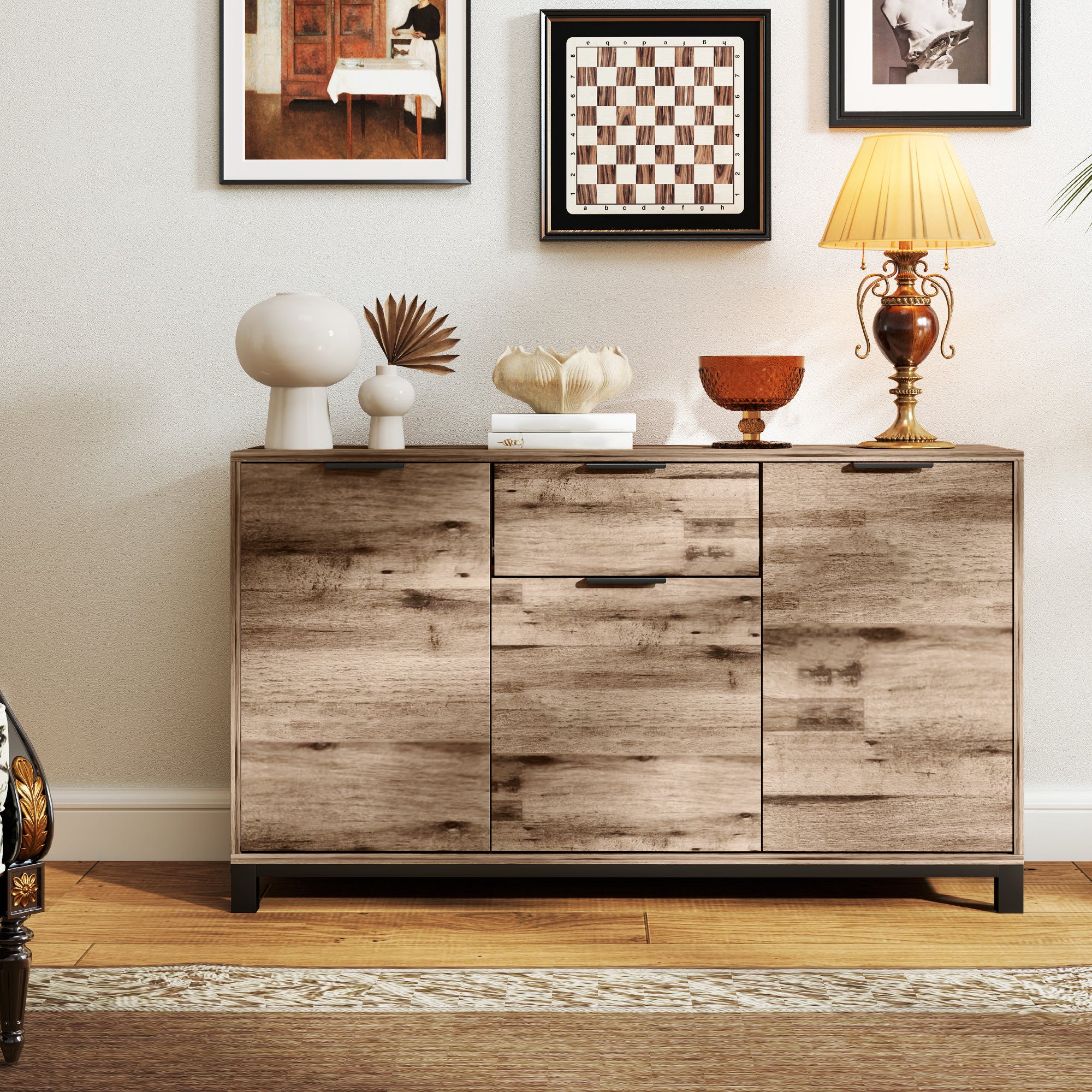 Living Room Cabinet, Sideboard with Drawer and 3 Cabinets with Adjustable Shelves, Cupboard with Industrial Style Steel Legs for Dining Room and Kitchen, 120x36.5x70 cm, Brown