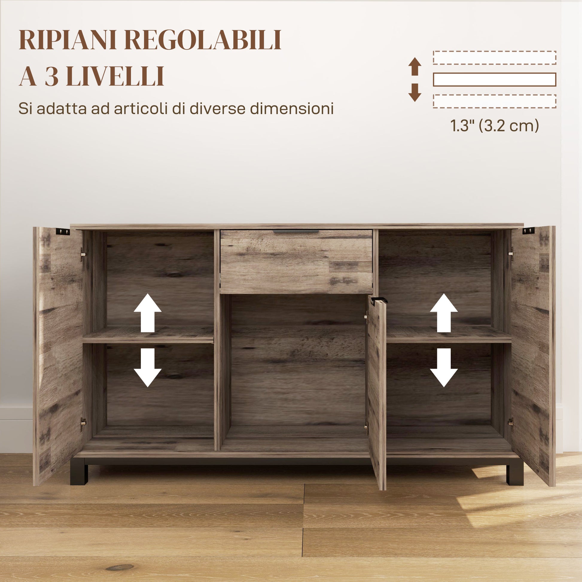 Living Room Cabinet, Sideboard with Drawer and 3 Cabinets with Adjustable Shelves, Cupboard with Industrial Style Steel Legs for Dining Room and Kitchen, 120x36.5x70 cm, Brown