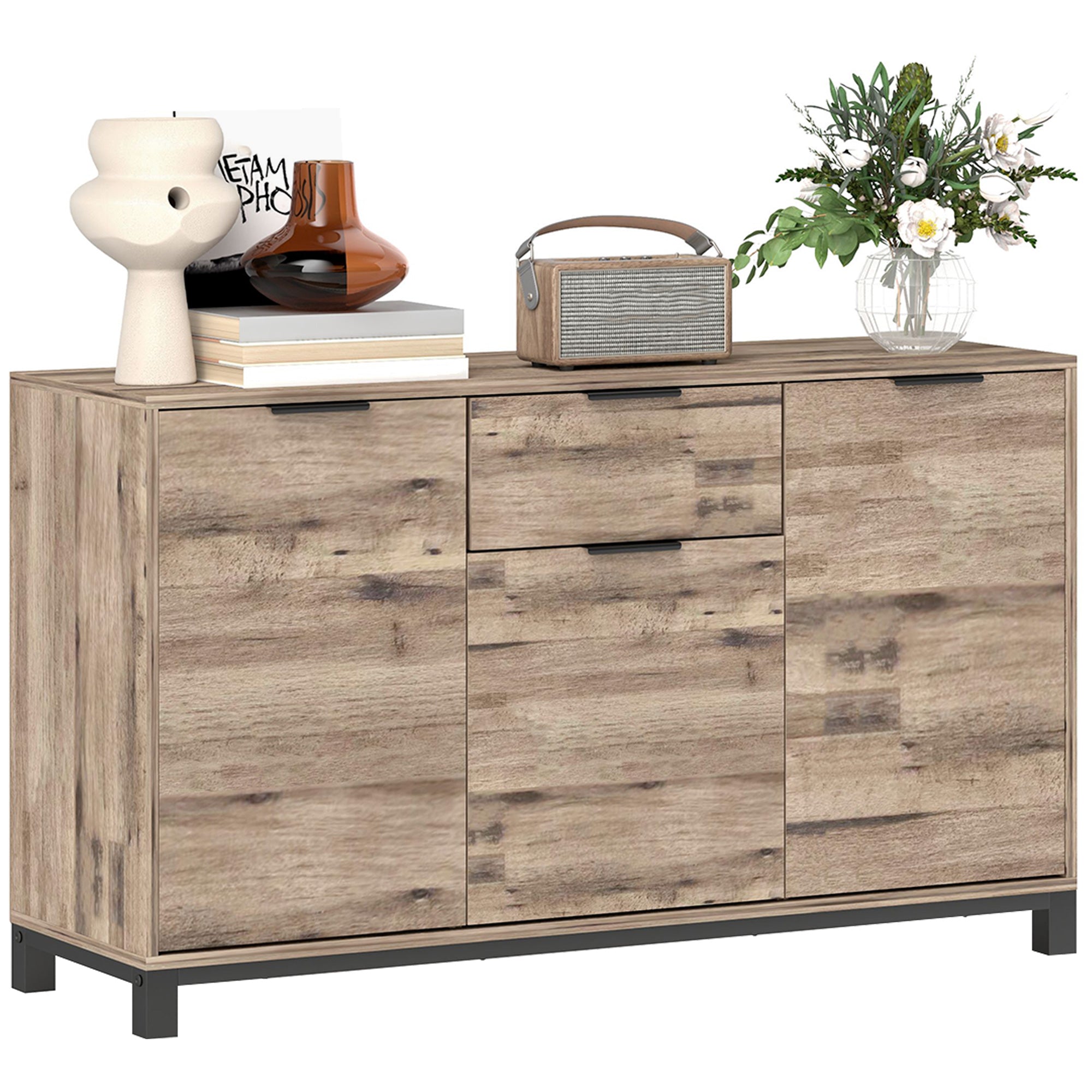 Living Room Cabinet, Sideboard with Drawer and 3 Cabinets with Adjustable Shelves, Cupboard with Industrial Style Steel Legs for Dining Room and Kitchen, 120x36.5x70 cm, Brown