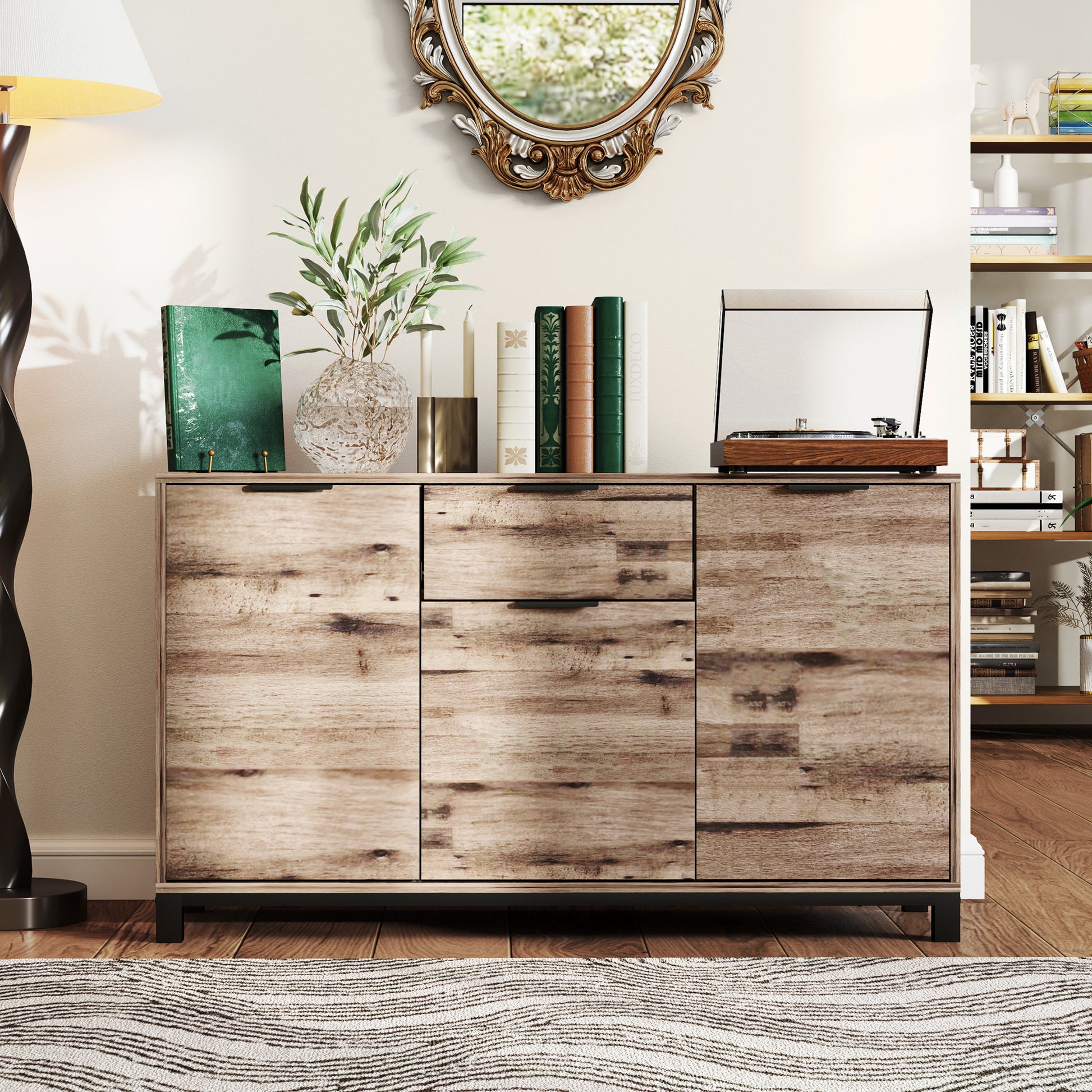 Living Room Cabinet, Sideboard with Drawer and 3 Cabinets with Adjustable Shelves, Cupboard with Industrial Style Steel Legs for Dining Room and Kitchen, 120x36.5x70 cm, Brown