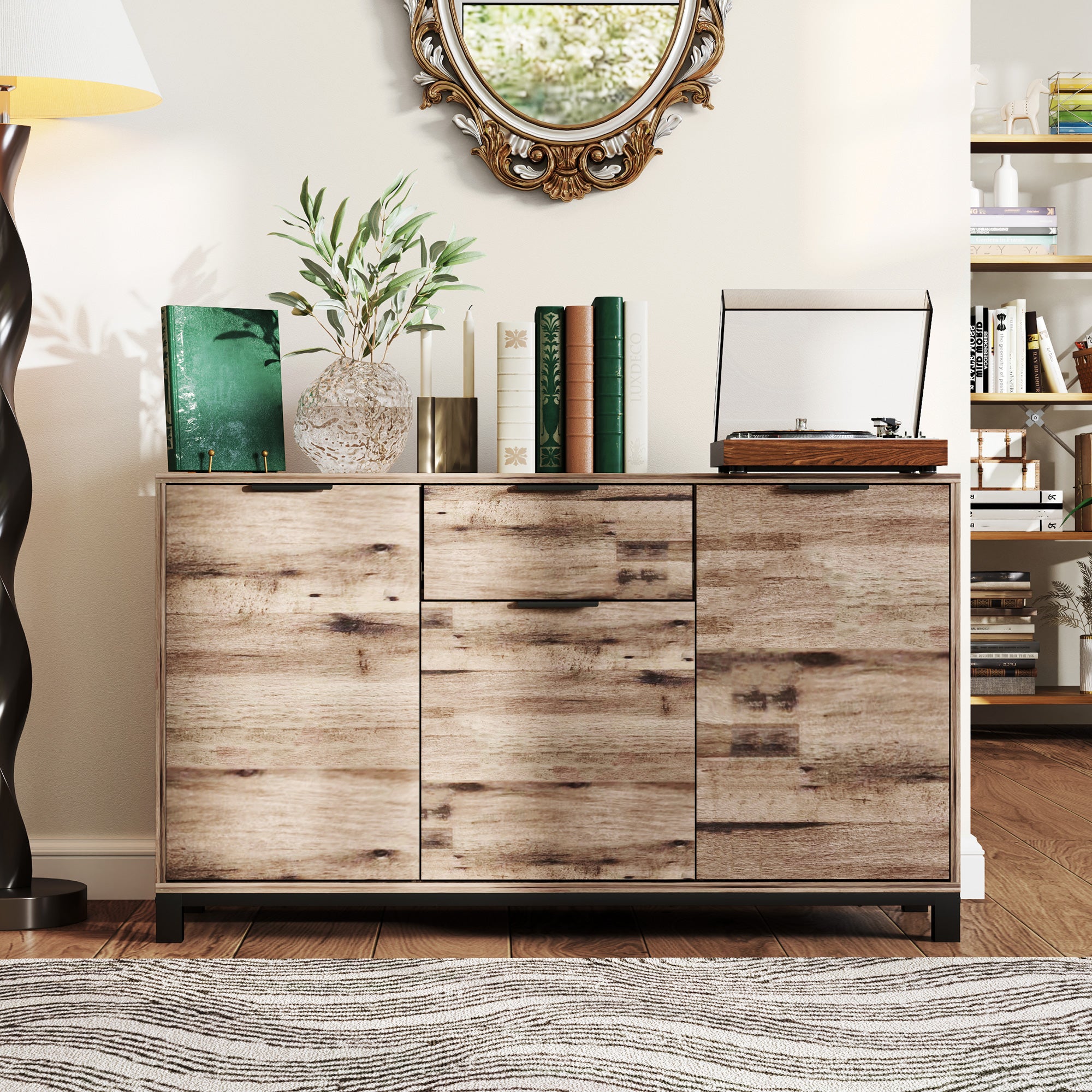 Living Room Cabinet, Sideboard with Drawer and 3 Cabinets with Adjustable Shelves, Cupboard with Industrial Style Steel Legs for Dining Room and Kitchen, 120x36.5x70 cm, Brown