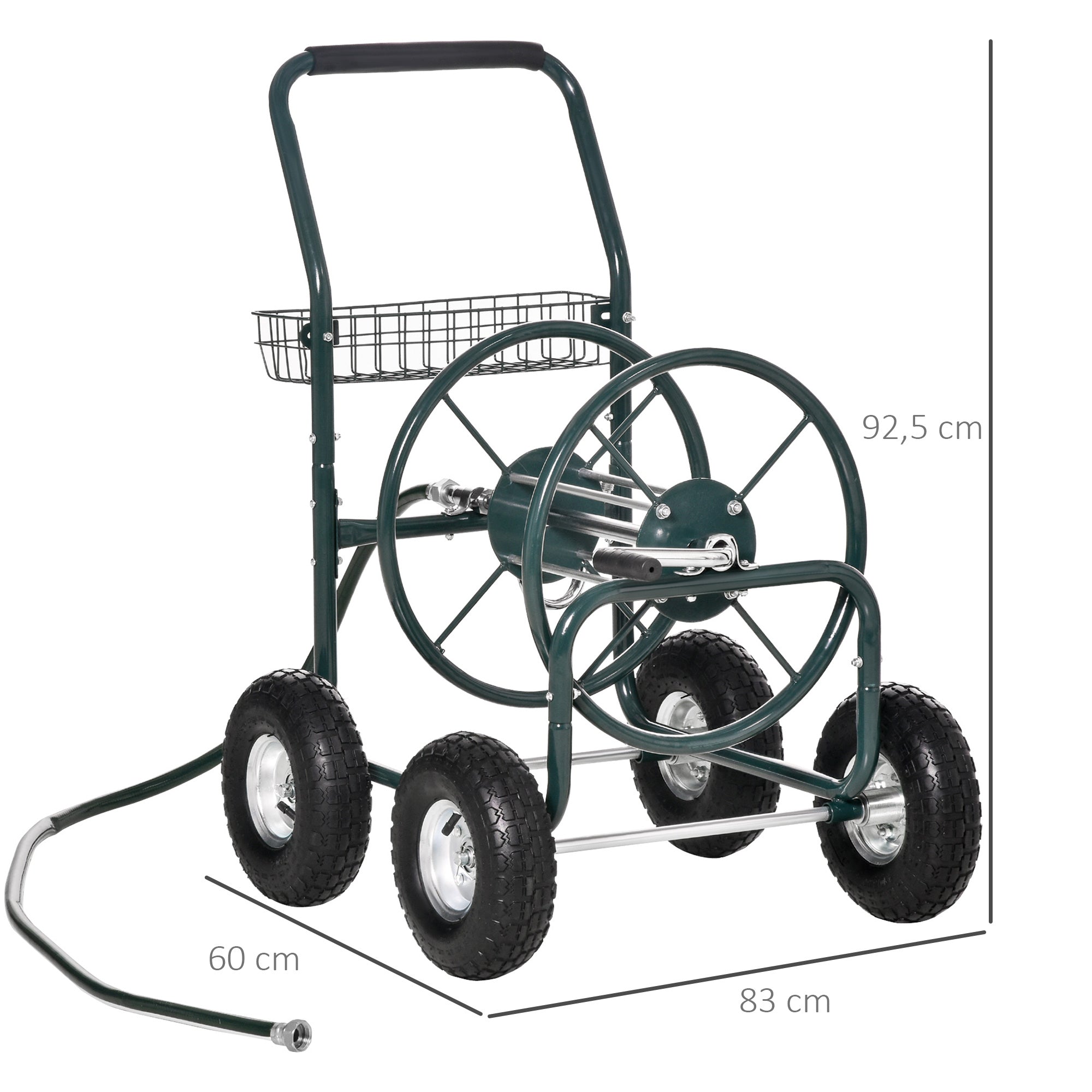 Wheeled Hose Reel 70 m - Metal Hose Reel - Hose Reel Chariot - Hose Reel - Non-slip Handle, Storage Basket - Green Metal