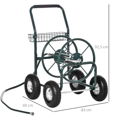 Wheeled Hose Reel 70 m - Metal Hose Reel - Hose Reel Chariot - Hose Reel - Non-slip Handle, Storage Basket - Green Metal