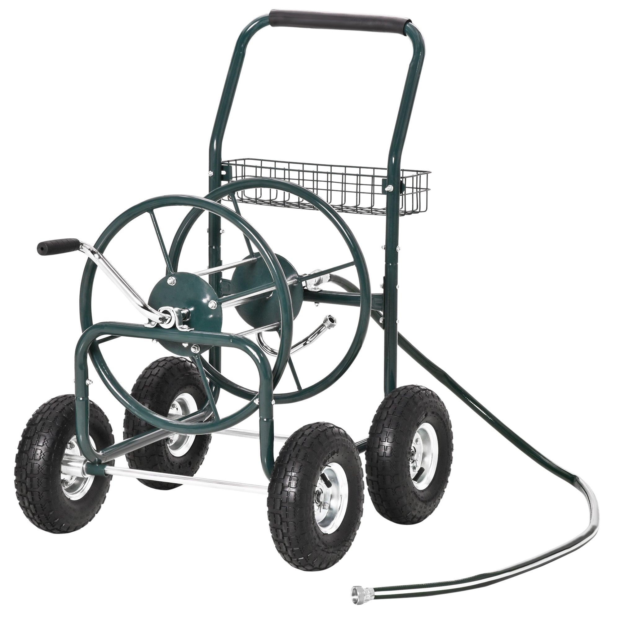 Wheeled Hose Reel 70 m - Metal Hose Reel - Hose Reel Chariot - Hose Reel - Non-slip Handle, Storage Basket - Green Metal