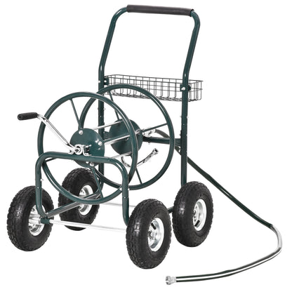 Wheeled Hose Reel 70 m - Metal Hose Reel - Hose Reel Chariot - Hose Reel - Non-slip Handle, Storage Basket - Green Metal