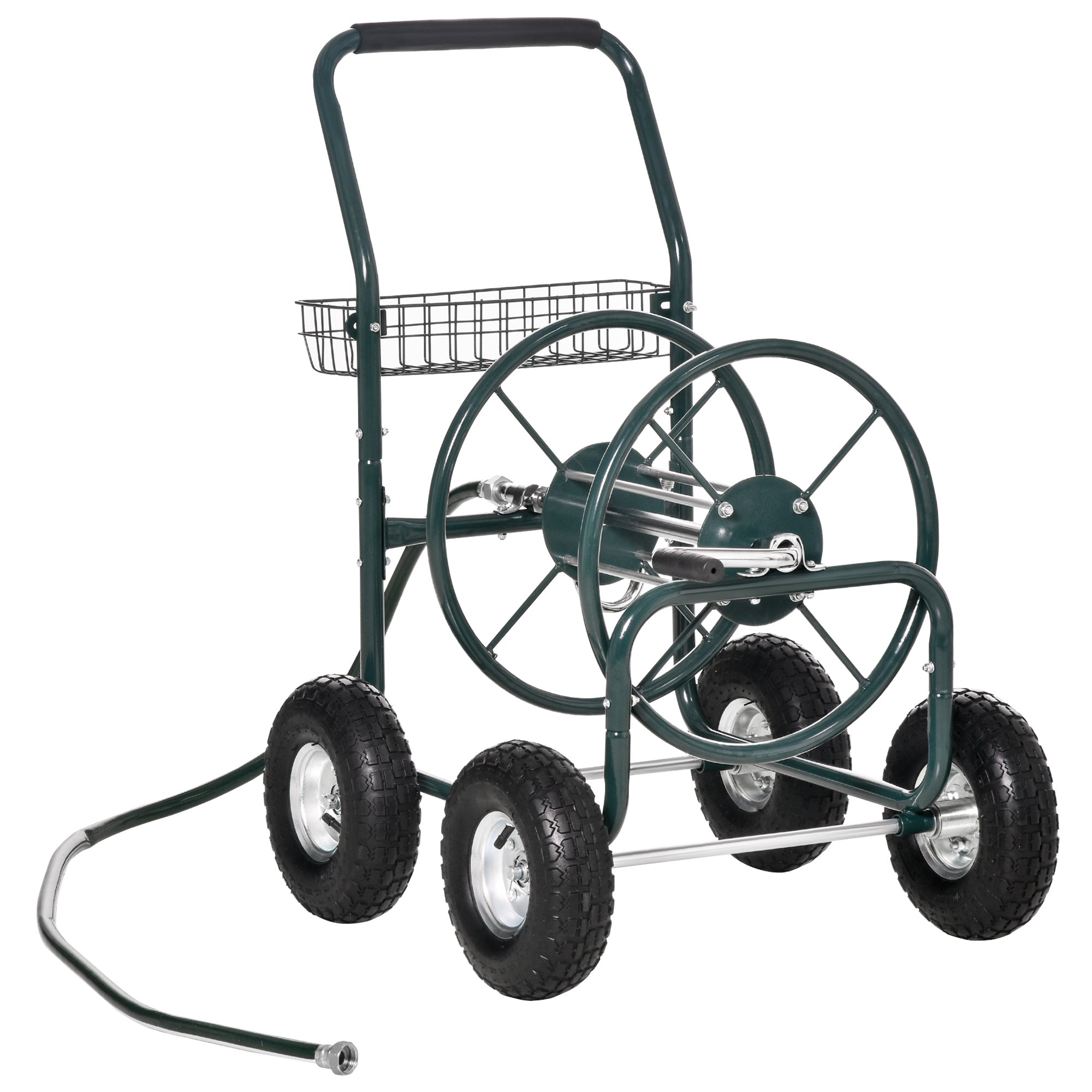 Wheeled Hose Reel 70 m - Metal Hose Reel - Hose Reel Chariot - Hose Reel - Non-slip Handle, Storage Basket - Green Metal