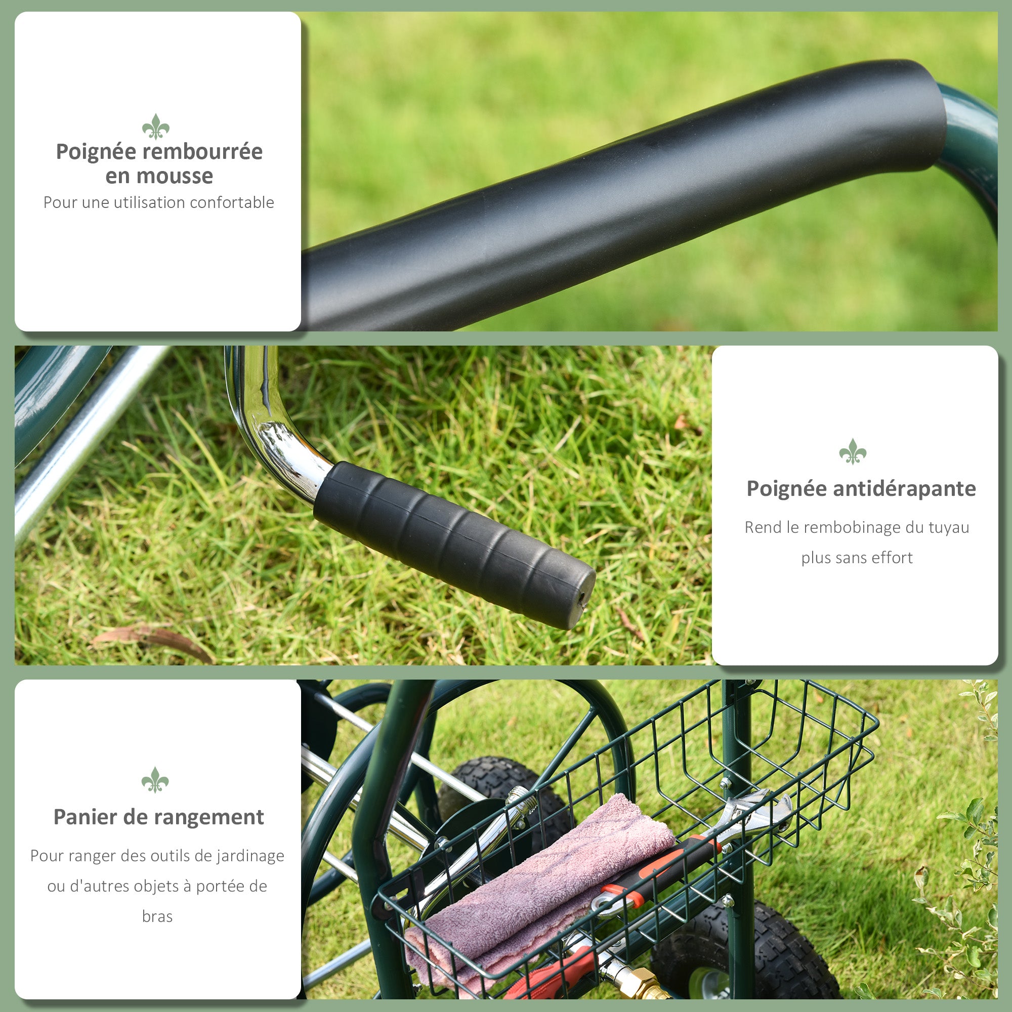 Wheeled Hose Reel 70 m - Metal Hose Reel - Hose Reel Chariot - Hose Reel - Non-slip Handle, Storage Basket - Green Metal