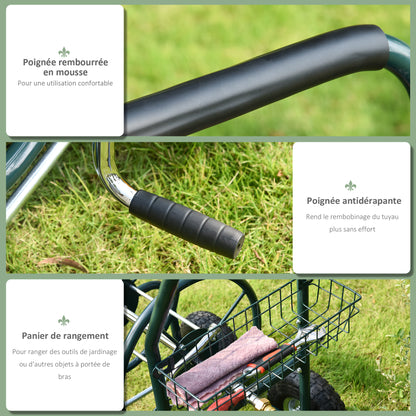 Wheeled Hose Reel 70 m - Metal Hose Reel - Hose Reel Chariot - Hose Reel - Non-slip Handle, Storage Basket - Green Metal