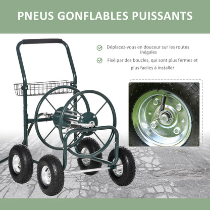 Wheeled Hose Reel 70 m - Metal Hose Reel - Hose Reel Chariot - Hose Reel - Non-slip Handle, Storage Basket - Green Metal