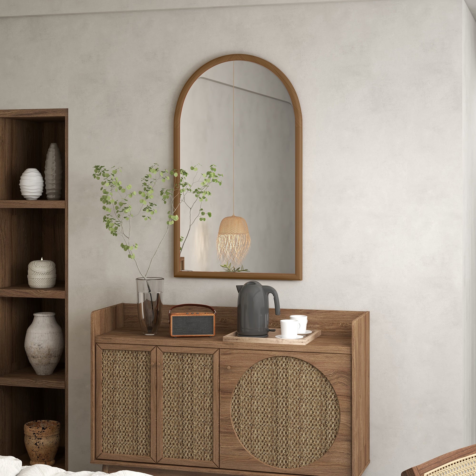 Arched Wall Mirror, 110 x 65 cm Wood Frame, Arched Mirror for Living Room, Bedroom, Entryway, Dark Brown