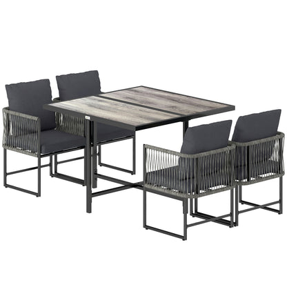 5-Piece Polyrattan Garden Furniture Set — Space-Saving Dining Set with Removable Cushions, Two-Part DPC Tabletop, Seats 4, for Garden Balcony Terrace