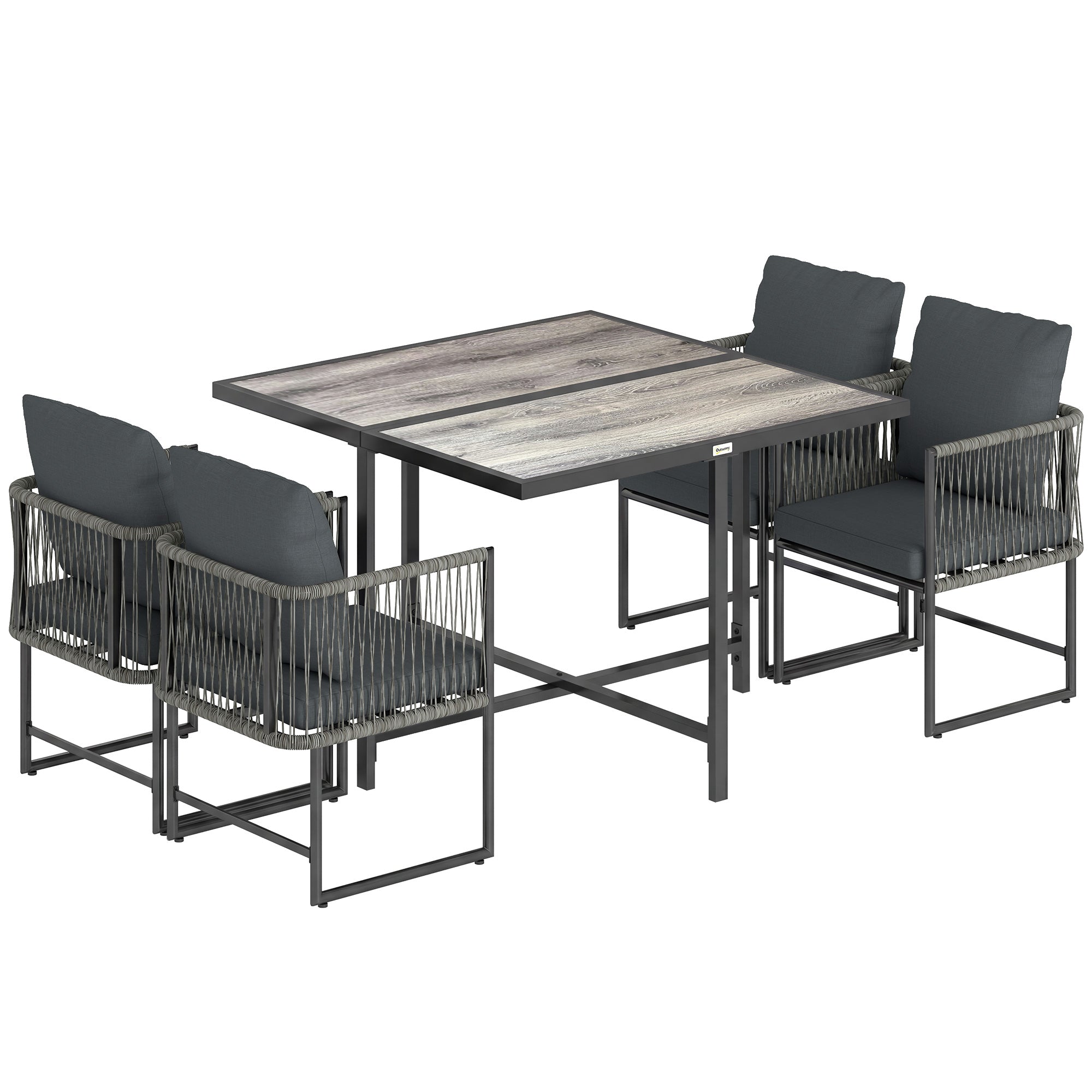 5-Piece Polyrattan Garden Furniture Set — Space-Saving Dining Set with Removable Cushions, Two-Part DPC Tabletop, Seats 4, for Garden Balcony Terrace