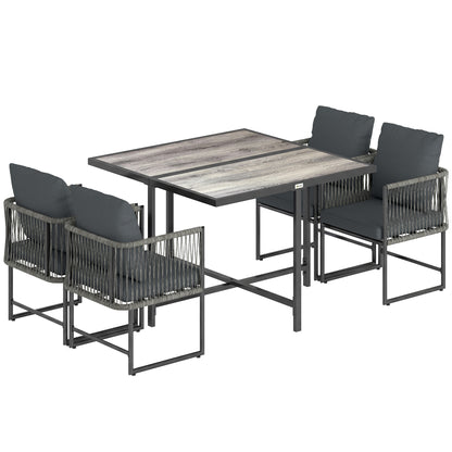 5-Piece Polyrattan Garden Furniture Set — Space-Saving Dining Set with Removable Cushions, Two-Part DPC Tabletop, Seats 4, for Garden Balcony Terrace
