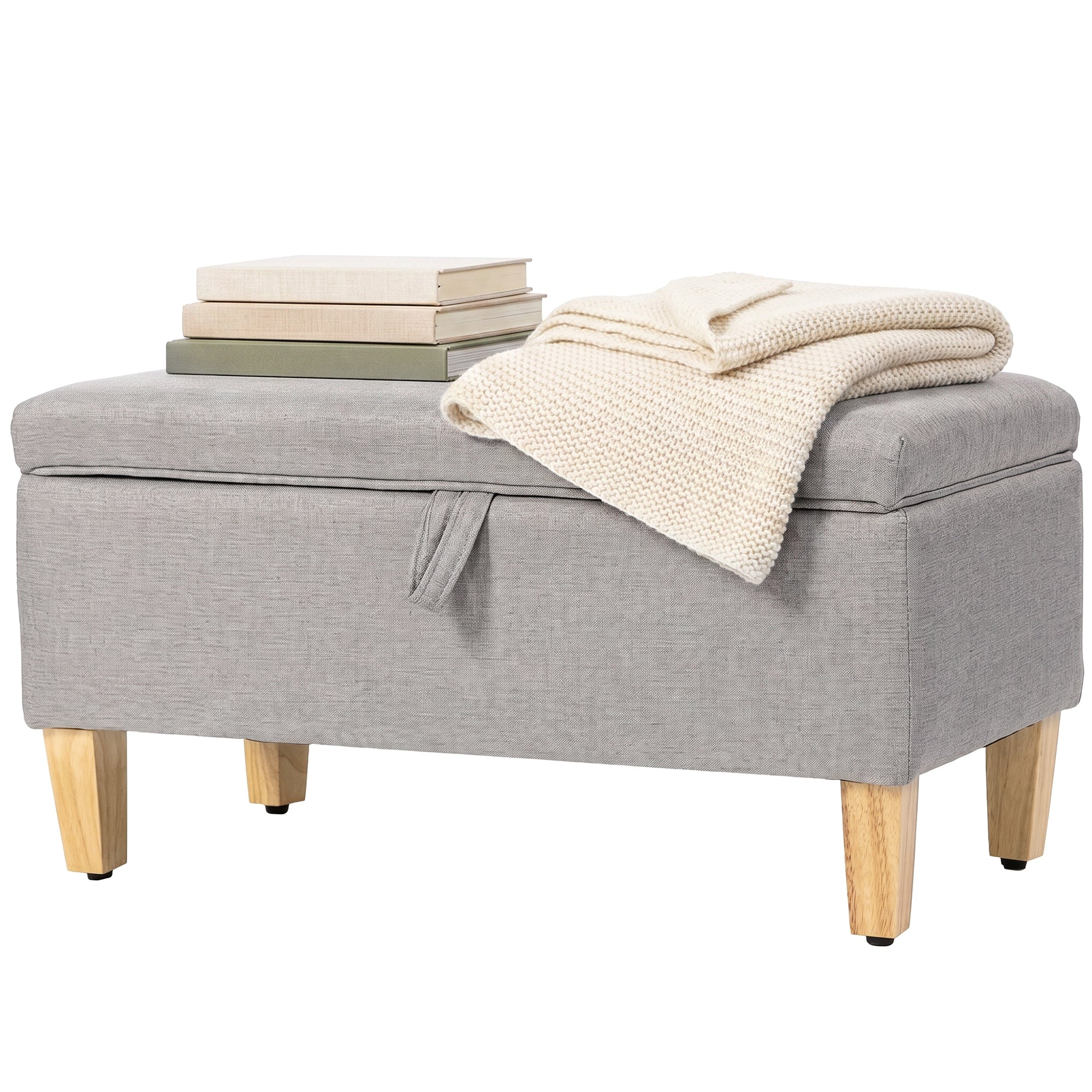 Storage Bench — Linen-Upholstered End-of-Bed Ottoman with Rubberwood Legs, Light Gray, 71 x 37 x 36 cm (28.0 x 14.6 x 14.2 in)