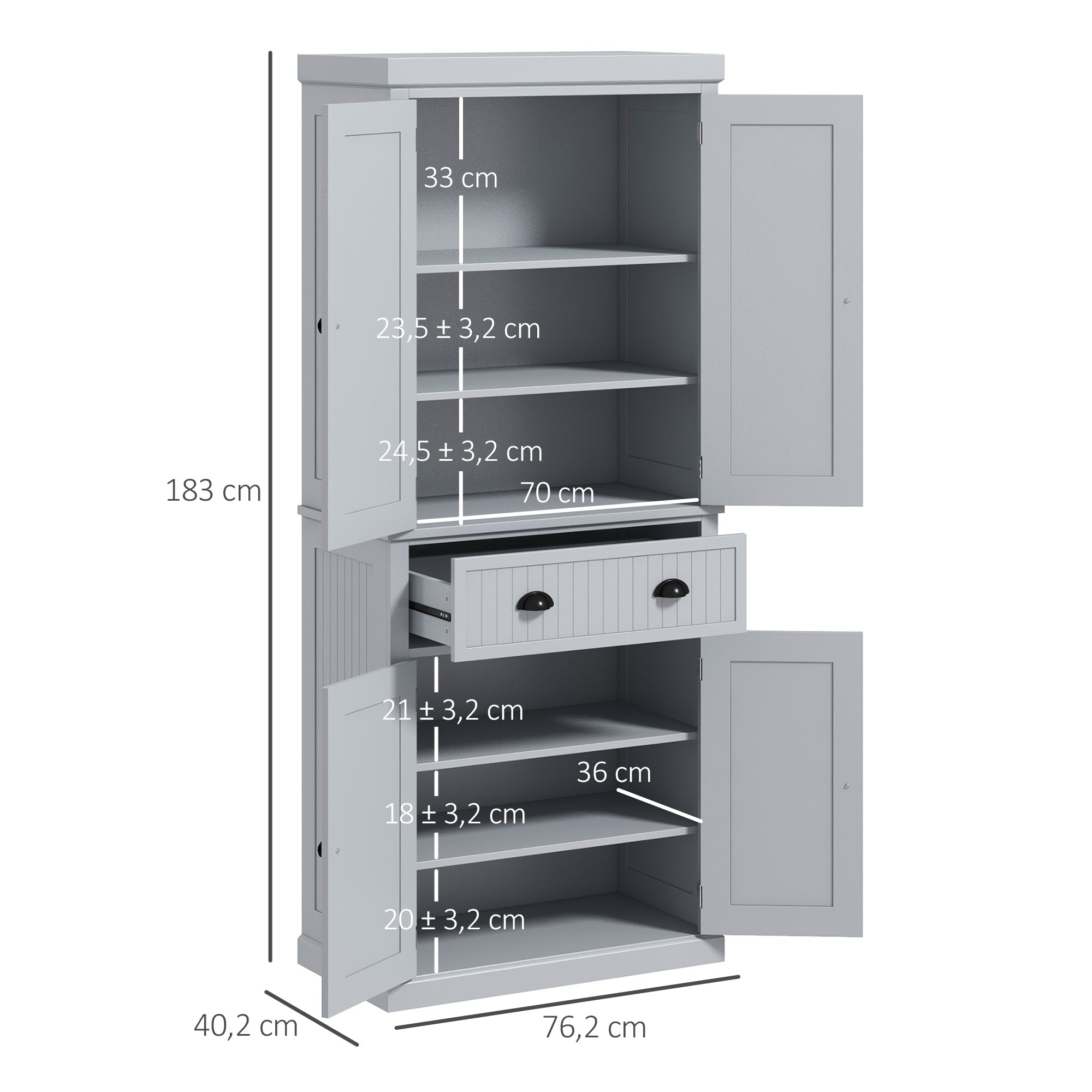 Kitchen Cabinet Buffet Modern Style Cupboard with Doors, Adjustable Shelves, and Drawer, Storage Furniture for Dining Room, Living Room, 76.2 x 40.2 x 183 cm, Gray
