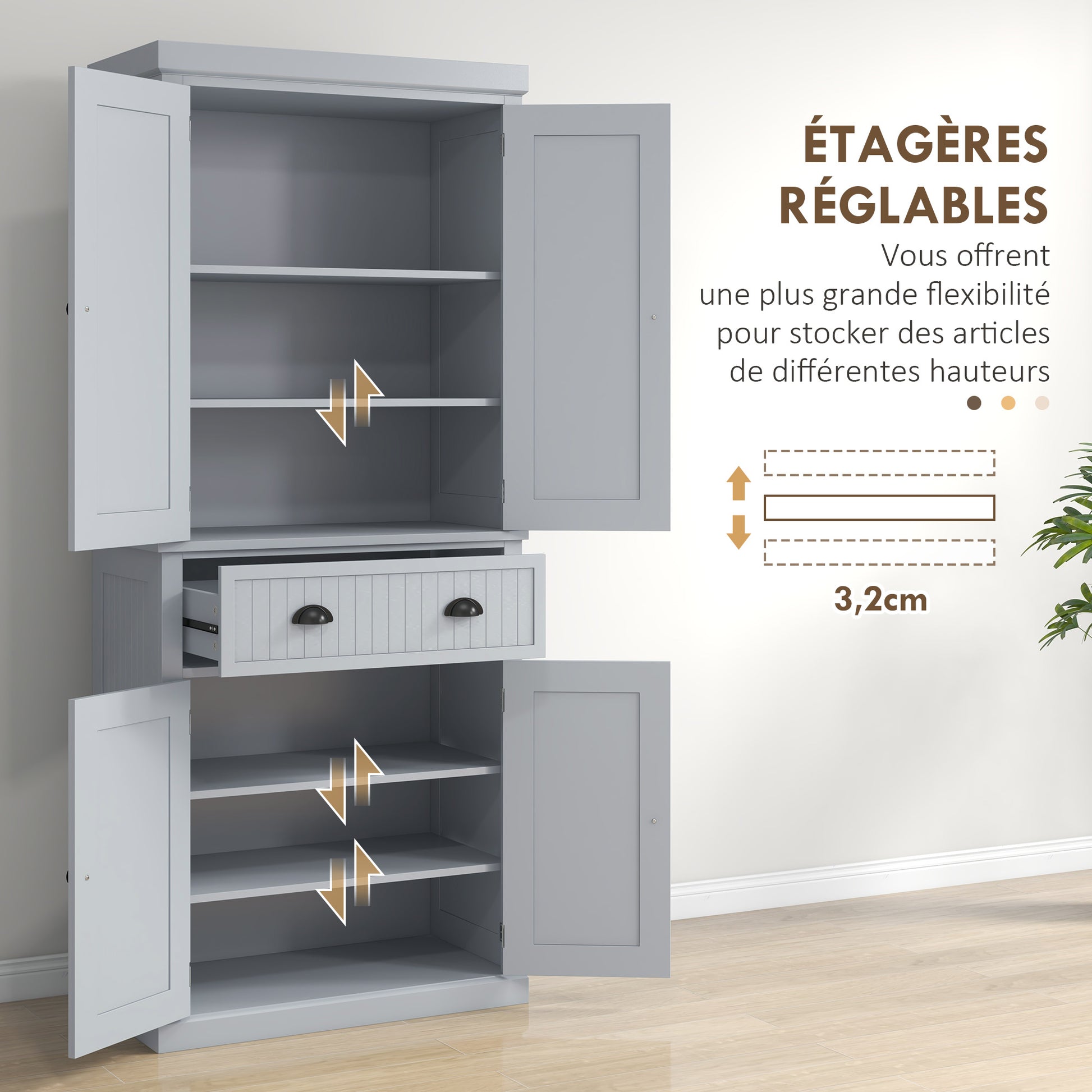 Kitchen Cabinet Buffet Modern Style Cupboard with Doors, Adjustable Shelves, and Drawer, Storage Furniture for Dining Room, Living Room, 76.2 x 40.2 x 183 cm, Gray