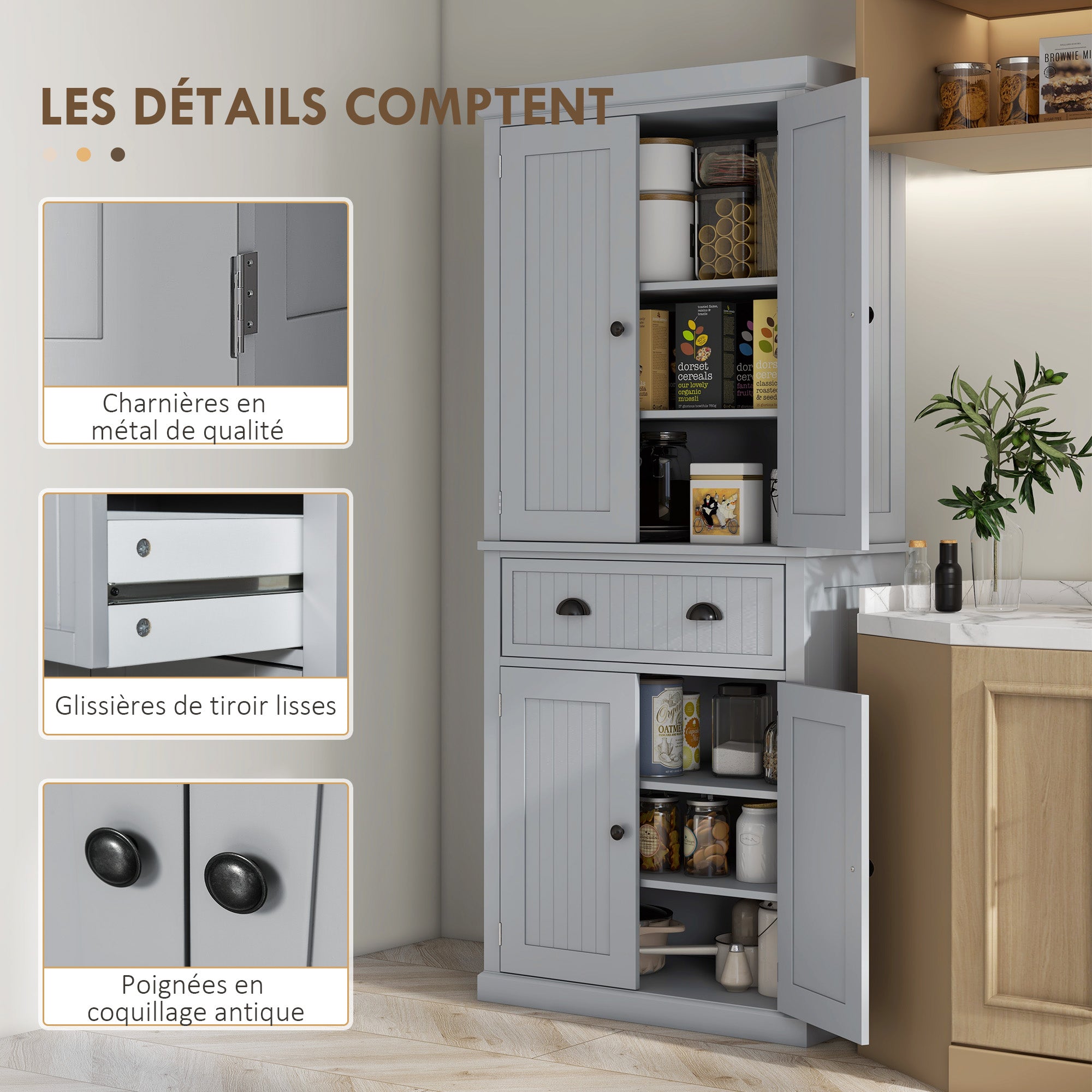 Kitchen Cabinet Buffet Modern Style Cupboard with Doors, Adjustable Shelves, and Drawer, Storage Furniture for Dining Room, Living Room, 76.2 x 40.2 x 183 cm, Gray