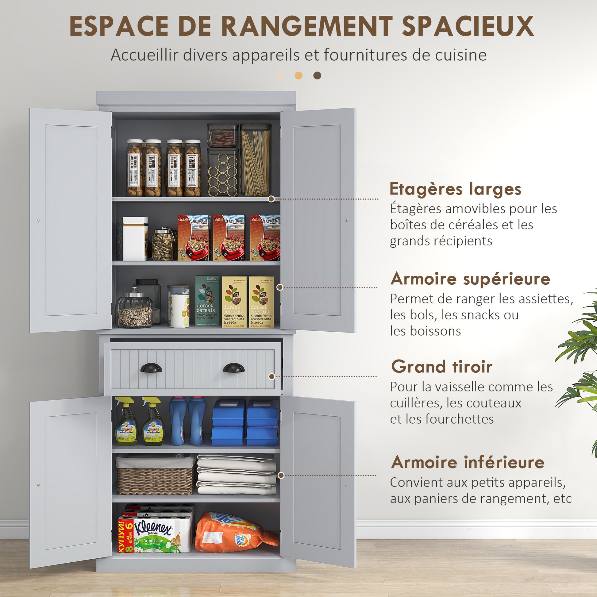 Kitchen Cabinet Buffet Modern Style Cupboard with Doors, Adjustable Shelves, and Drawer, Storage Furniture for Dining Room, Living Room, 76.2 x 40.2 x 183 cm, Gray