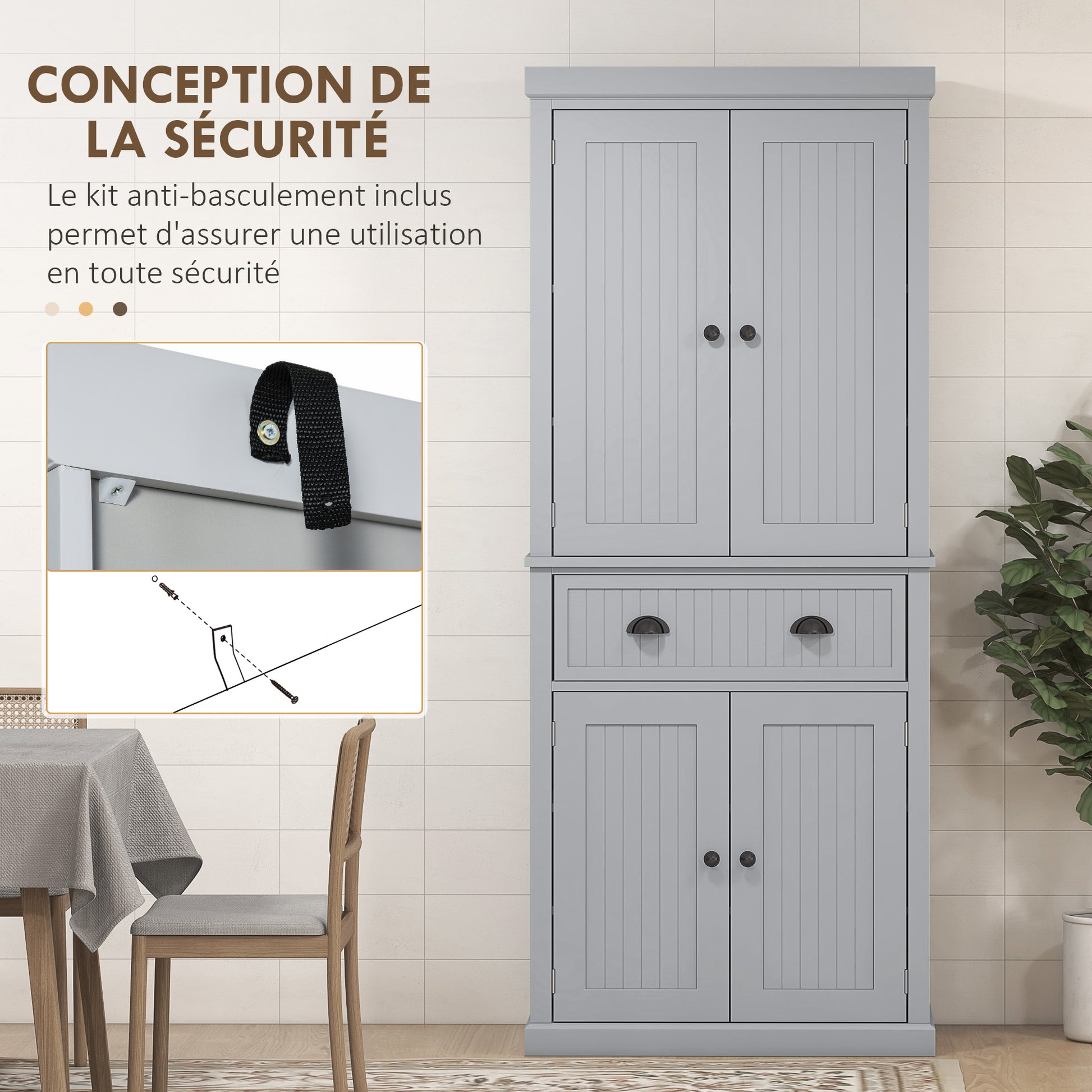 Kitchen Cabinet Buffet Modern Style Cupboard with Doors, Adjustable Shelves, and Drawer, Storage Furniture for Dining Room, Living Room, 76.2 x 40.2 x 183 cm, Gray