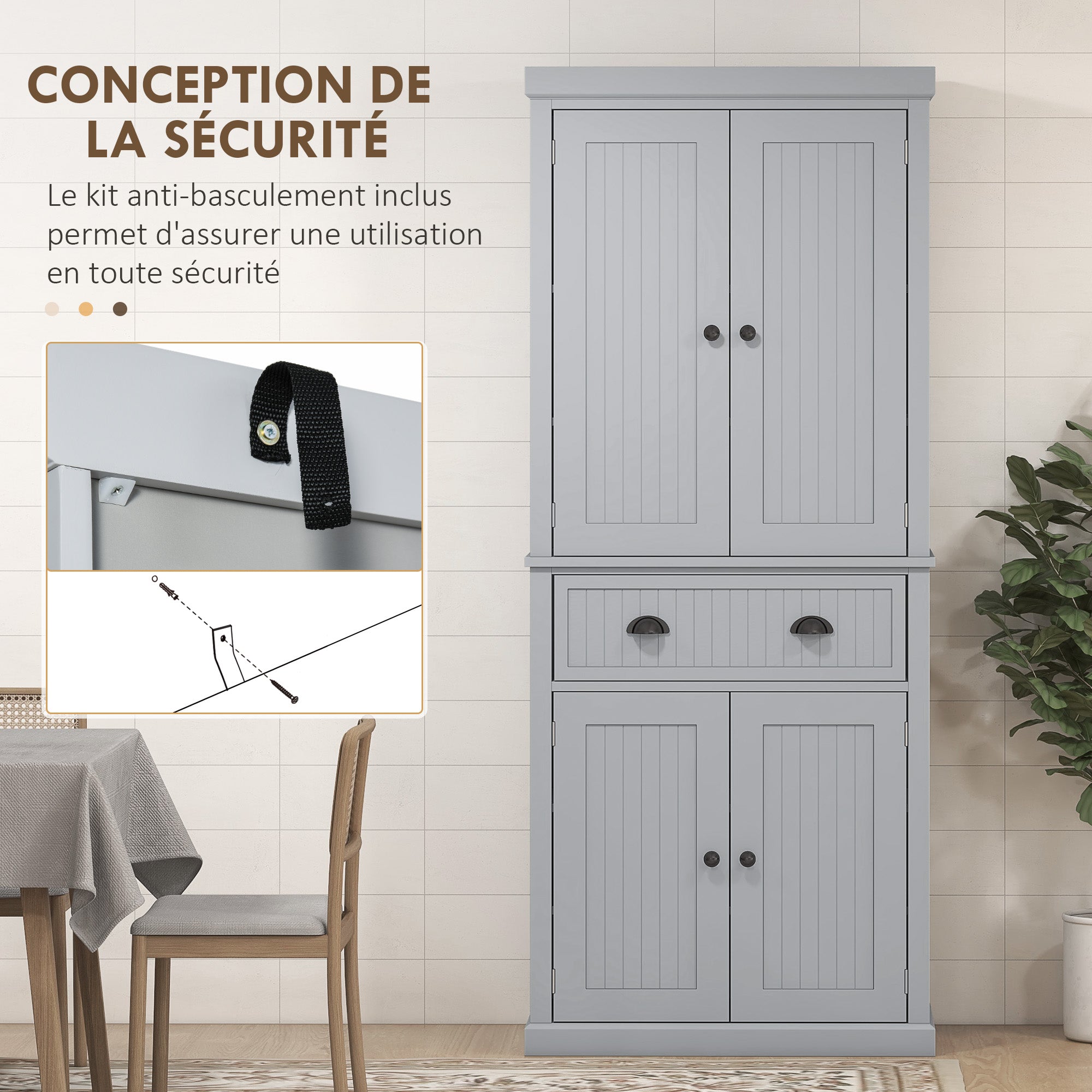 Kitchen Cabinet Buffet Modern Style Cupboard with Doors, Adjustable Shelves, and Drawer, Storage Furniture for Dining Room, Living Room, 76.2 x 40.2 x 183 cm, Gray