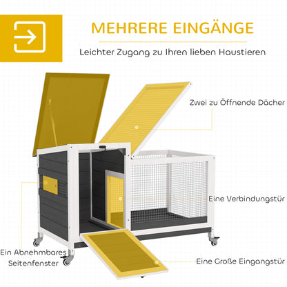 Wooden Rabbit Hutch with Run Wheels Foldable Roof Pull-Out Tray Metal Grill Winterproof Guinea Pig Hutch Rabbit Cage for Indoor Outdoor 92x52x67 cm Dark Gray