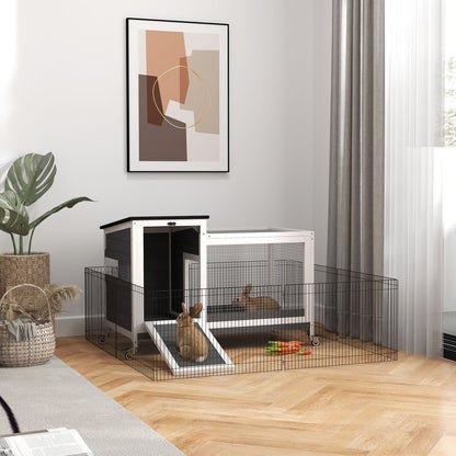 Wooden Rabbit Hutch with Run Wheels Foldable Roof Pull-Out Tray Metal Grill Winterproof Guinea Pig Hutch Rabbit Cage for Indoor Outdoor 92x52x67 cm Dark Gray