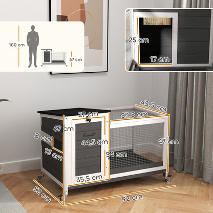 Wooden Rabbit Hutch with Run Wheels Foldable Roof Pull-Out Tray Metal Grill Winterproof Guinea Pig Hutch Rabbit Cage for Indoor Outdoor 92x52x67 cm Dark Gray