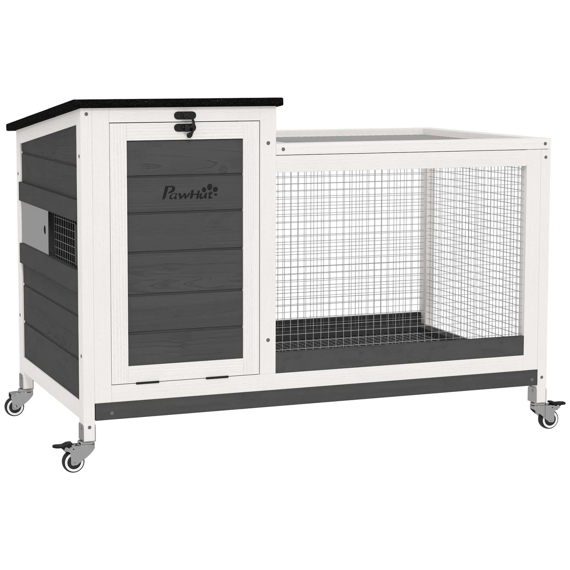 Wooden Rabbit Hutch with Run Wheels Foldable Roof Pull-Out Tray Metal Grill Winterproof Guinea Pig Hutch Rabbit Cage for Indoor Outdoor 92x52x67 cm Dark Gray