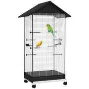 Bird Cage with Wheels Metal Bird Aviary with Removable Tray 4 Doors 2 Feeders 8 Perches for Canaries Parakeets 79x65x155 cm Black
