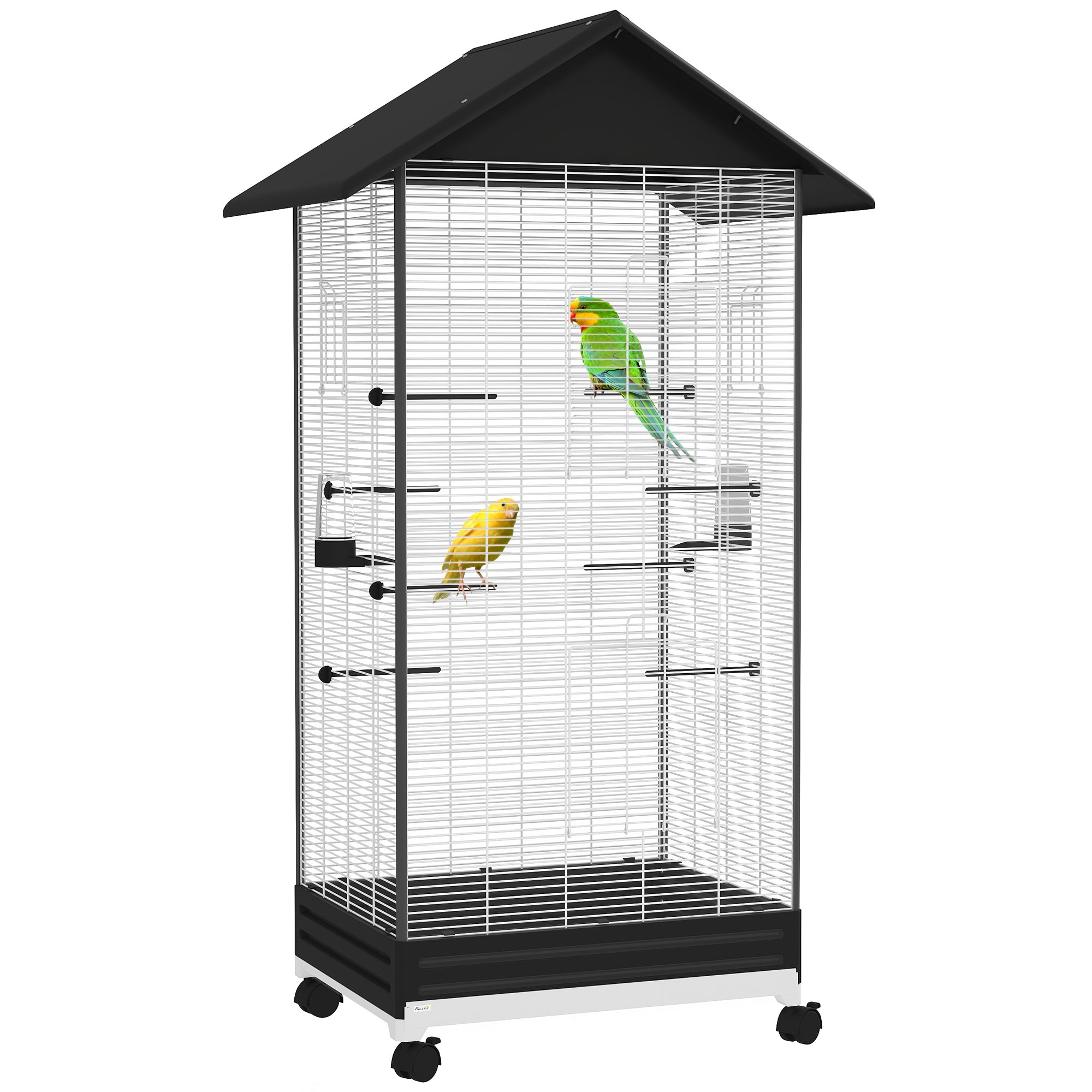 Bird Cage with Wheels Metal Bird Aviary with Removable Tray 4 Doors 2 Feeders 8 Perches for Canaries Parakeets 79x65x155 cm Black