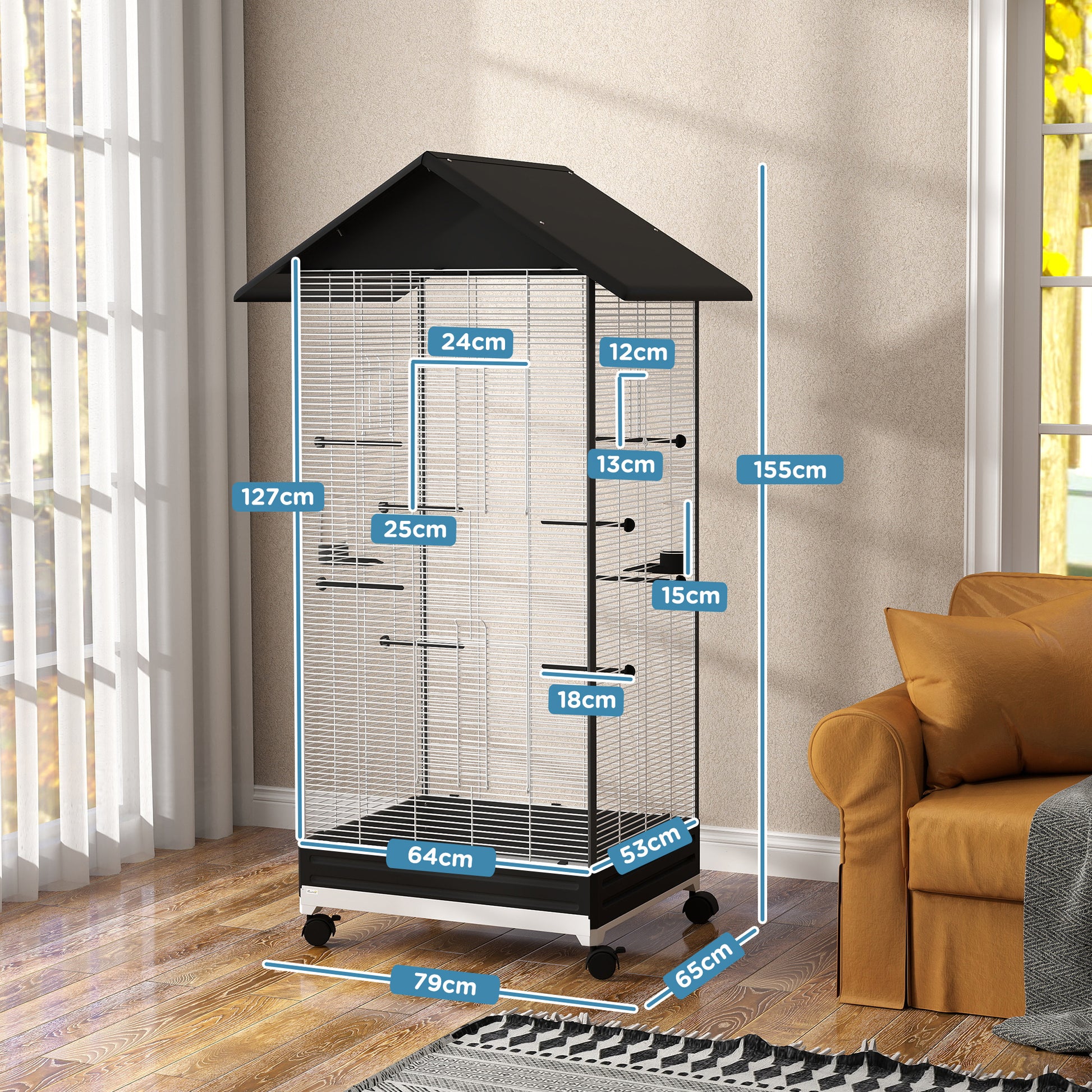 Bird Cage with Wheels Metal Bird Aviary with Removable Tray 4 Doors 2 Feeders 8 Perches for Canaries Parakeets 79x65x155 cm Black