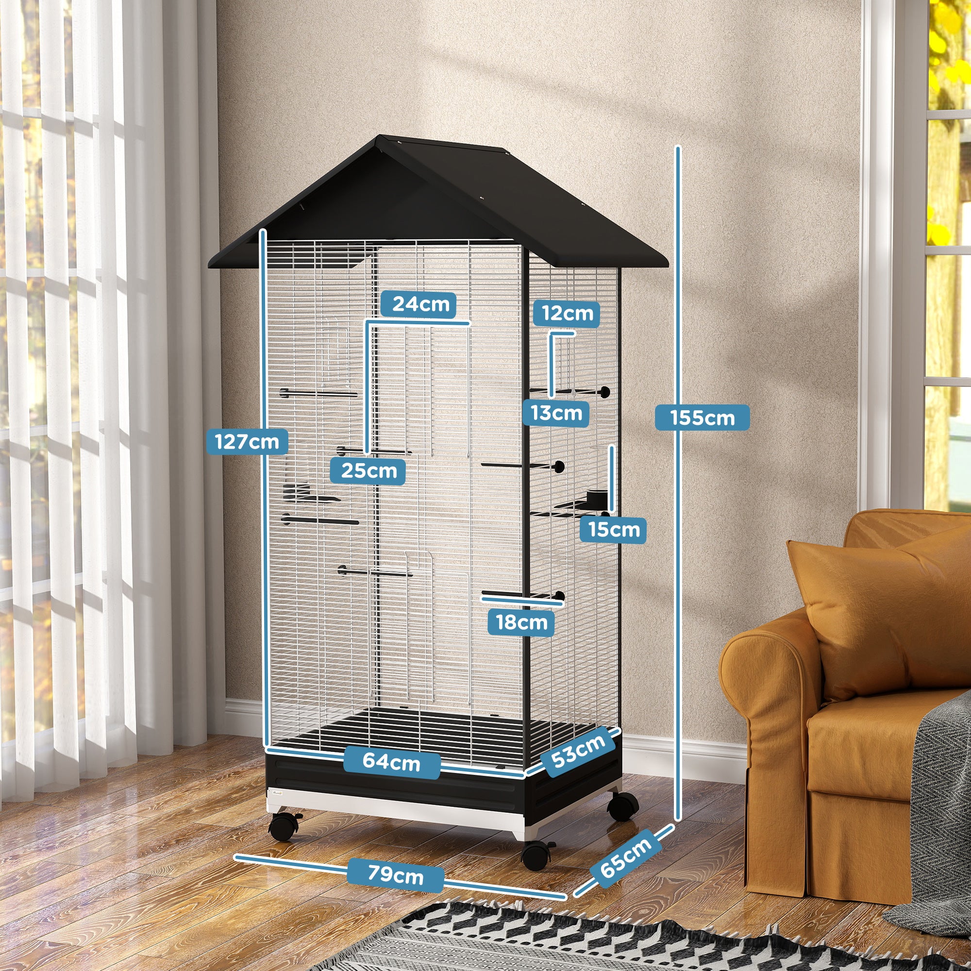 Bird Cage with Wheels Metal Bird Aviary with Removable Tray 4 Doors 2 Feeders 8 Perches for Canaries Parakeets 79x65x155 cm Black