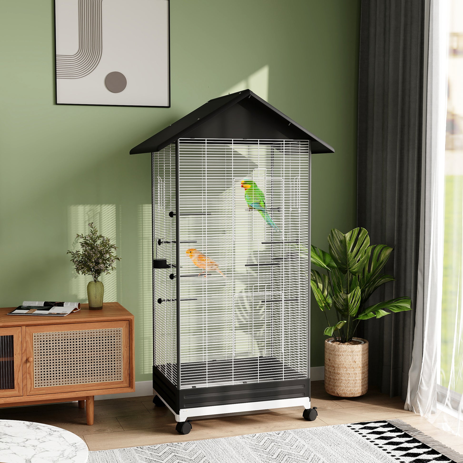 Bird Cage with Wheels Metal Bird Aviary with Removable Tray 4 Doors 2 Feeders 8 Perches for Canaries Parakeets 79x65x155 cm Black