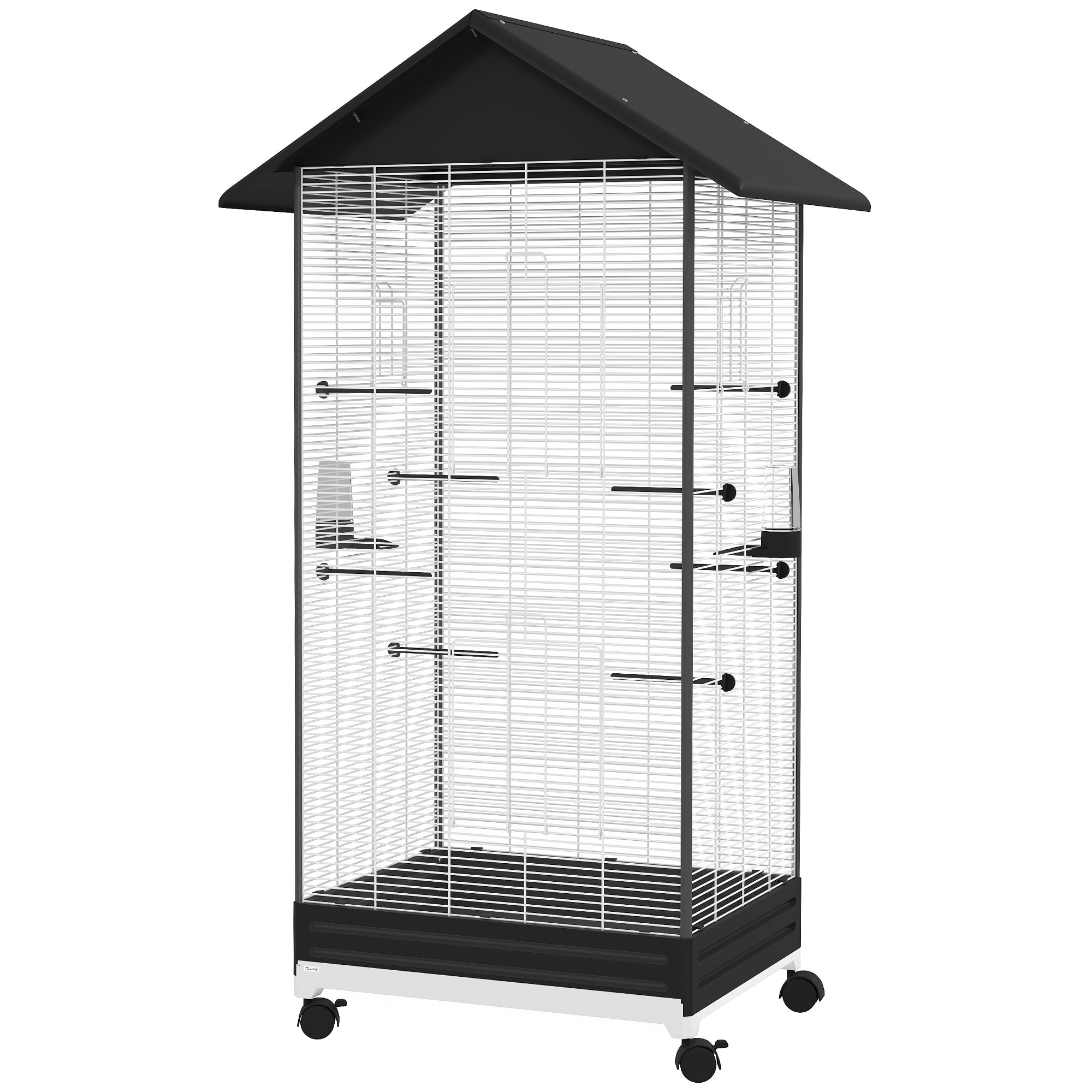 Bird Cage with Wheels Metal Bird Aviary with Removable Tray 4 Doors 2 Feeders 8 Perches for Canaries Parakeets 79x65x155 cm Black