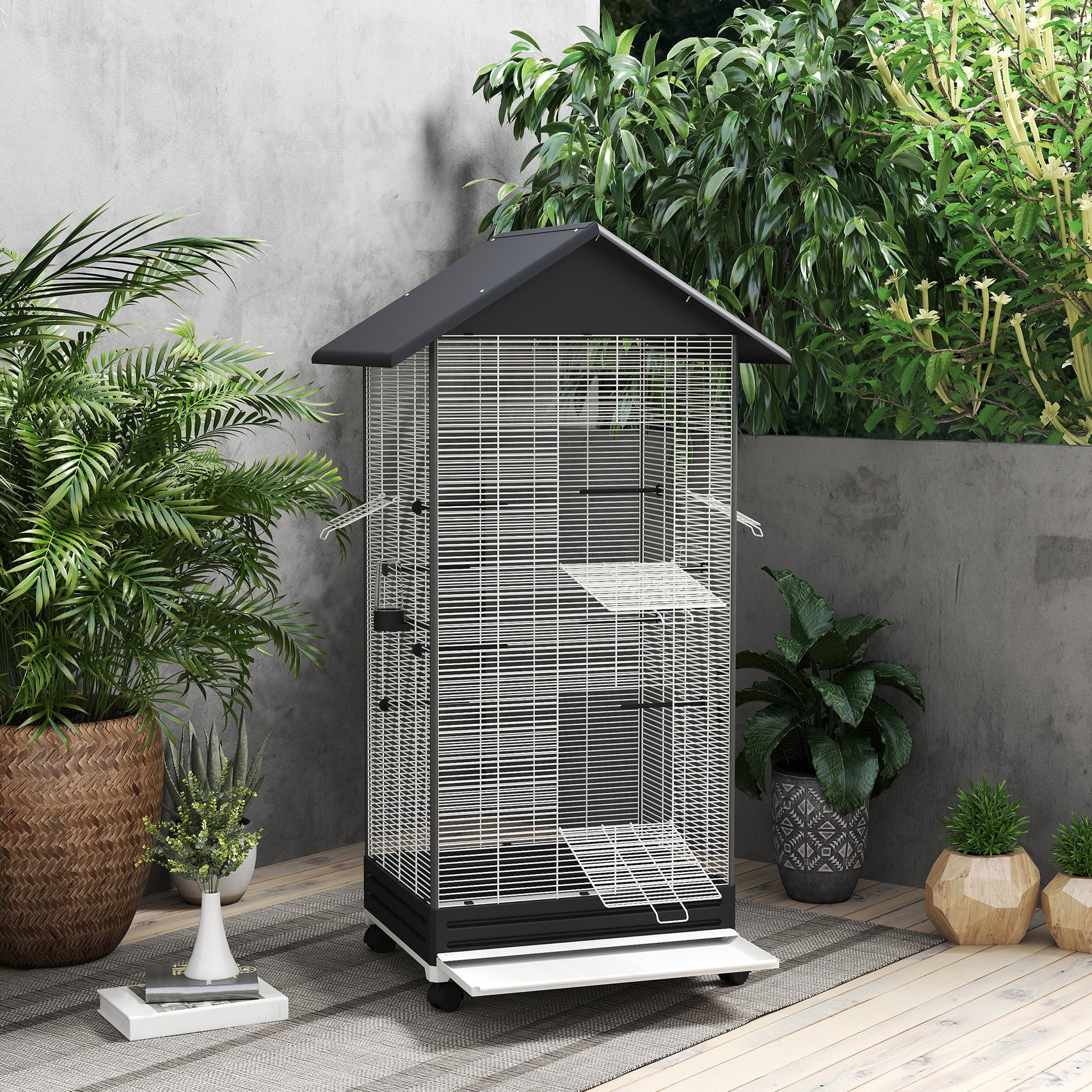 Bird Cage with Wheels Metal Bird Aviary with Removable Tray 4 Doors 2 Feeders 8 Perches for Canaries Parakeets 79x65x155 cm Black