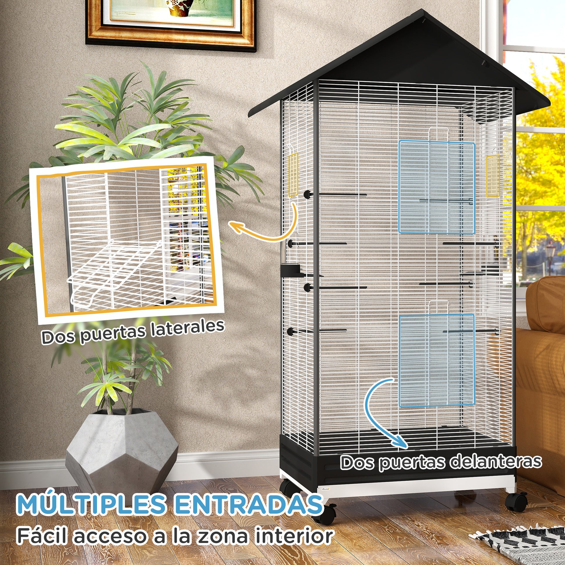 Bird Cage with Wheels Metal Bird Aviary with Removable Tray 4 Doors 2 Feeders 8 Perches for Canaries Parakeets 79x65x155 cm Black