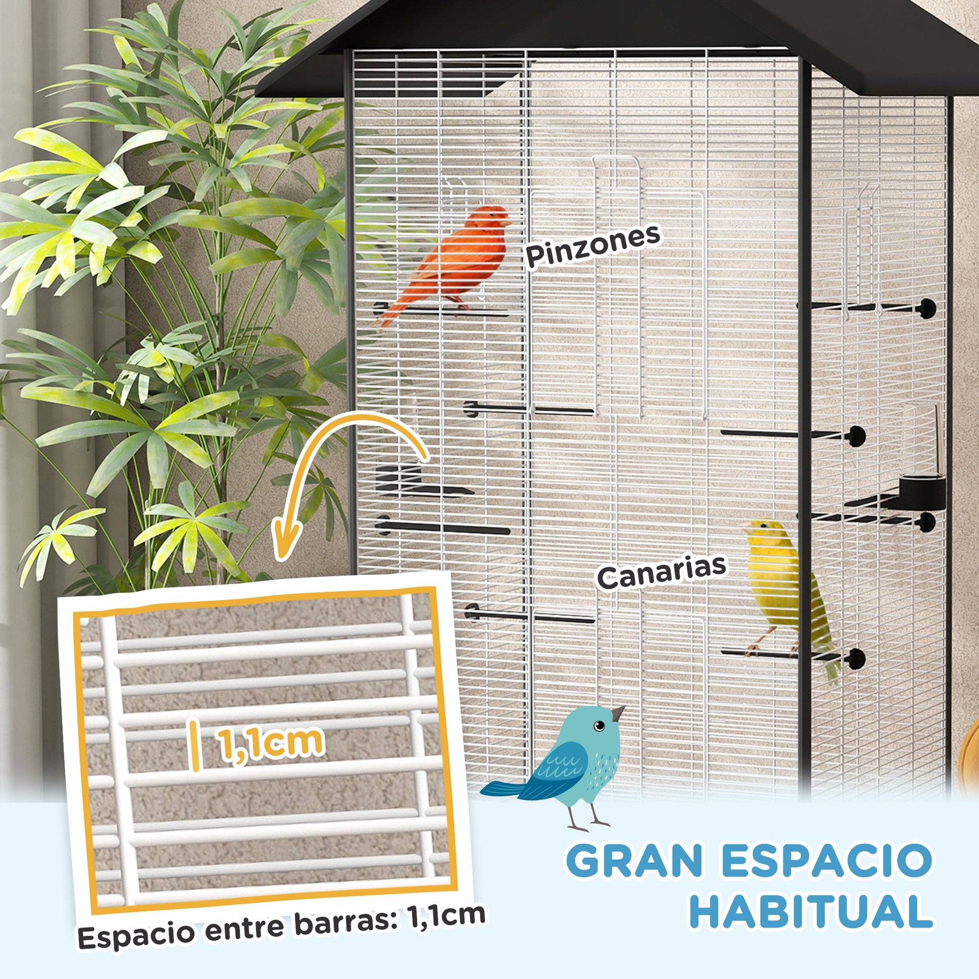 Bird Cage with Wheels Metal Bird Aviary with Removable Tray 4 Doors 2 Feeders 8 Perches for Canaries Parakeets 79x65x155 cm Black