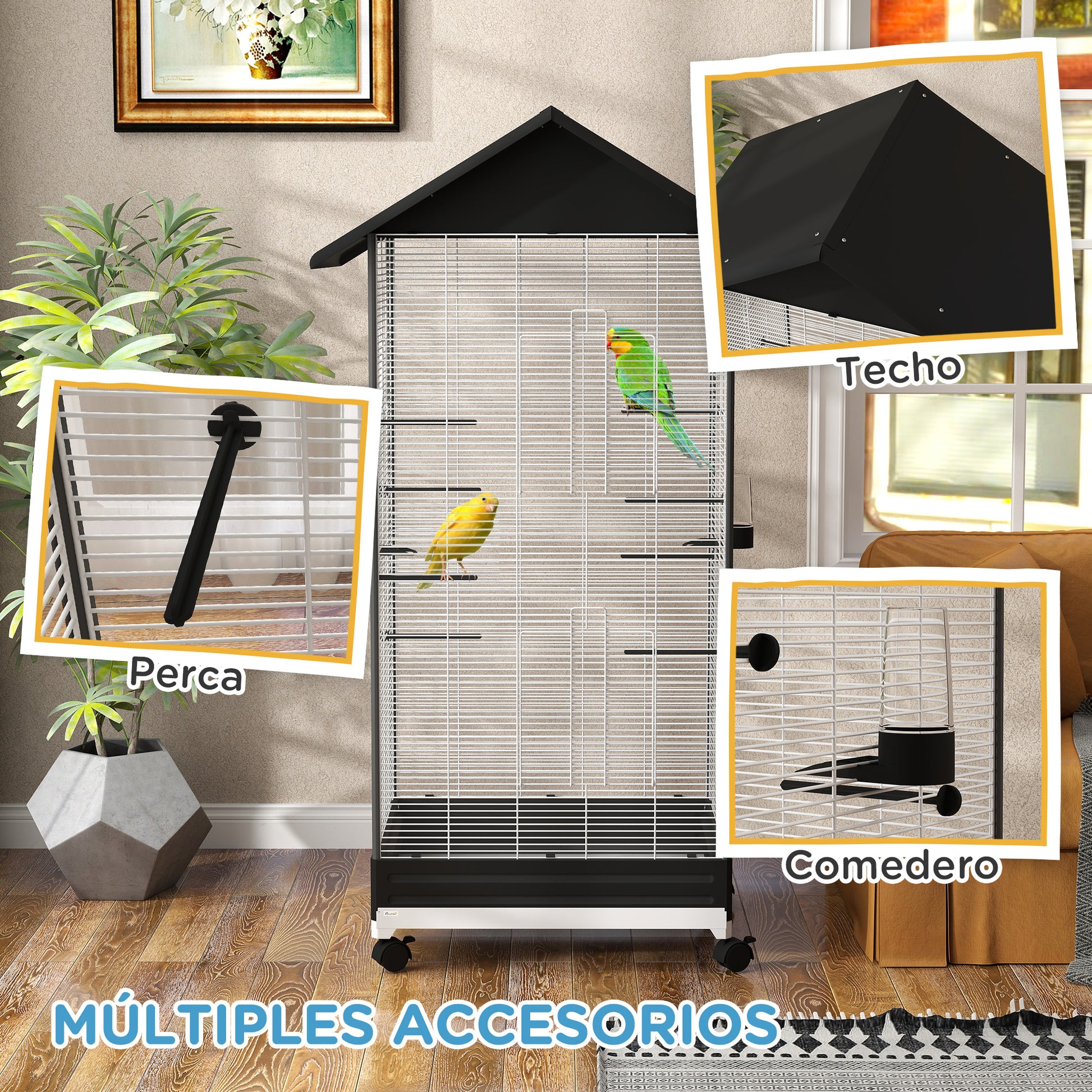 Bird Cage with Wheels Metal Bird Aviary with Removable Tray 4 Doors 2 Feeders 8 Perches for Canaries Parakeets 79x65x155 cm Black