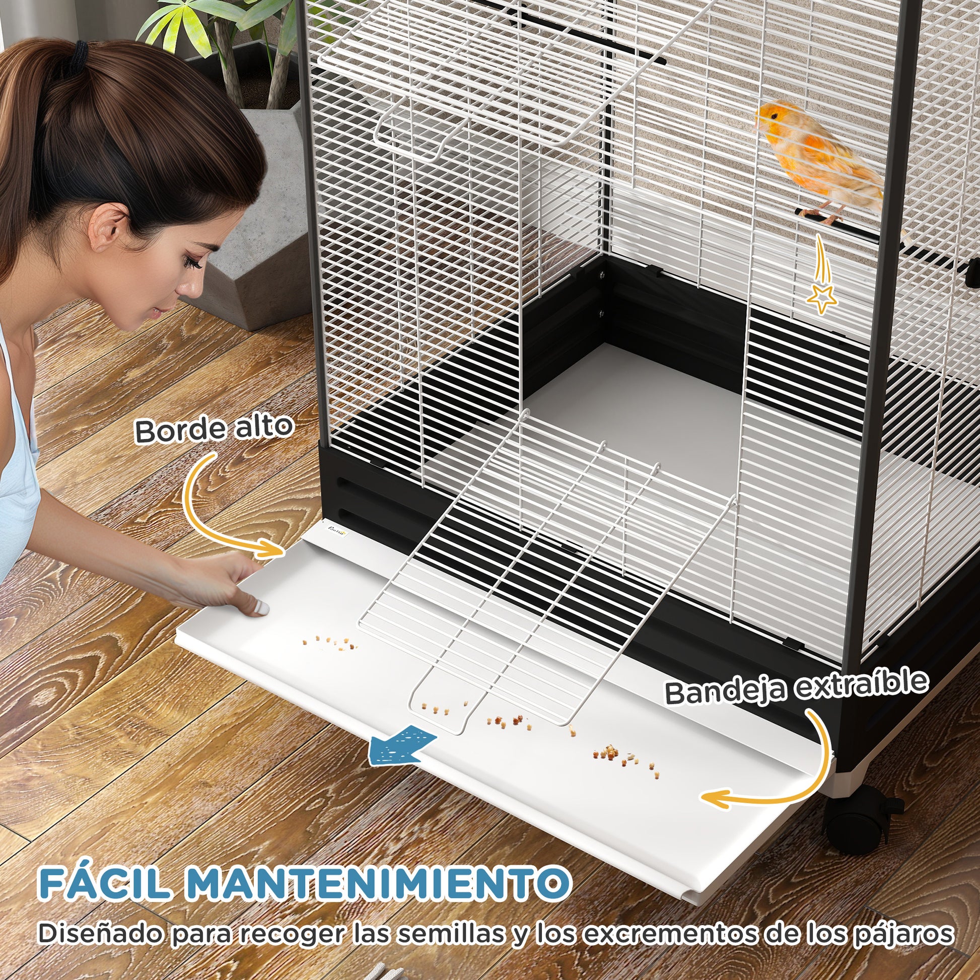 Bird Cage with Wheels Metal Bird Aviary with Removable Tray 4 Doors 2 Feeders 8 Perches for Canaries Parakeets 79x65x155 cm Black