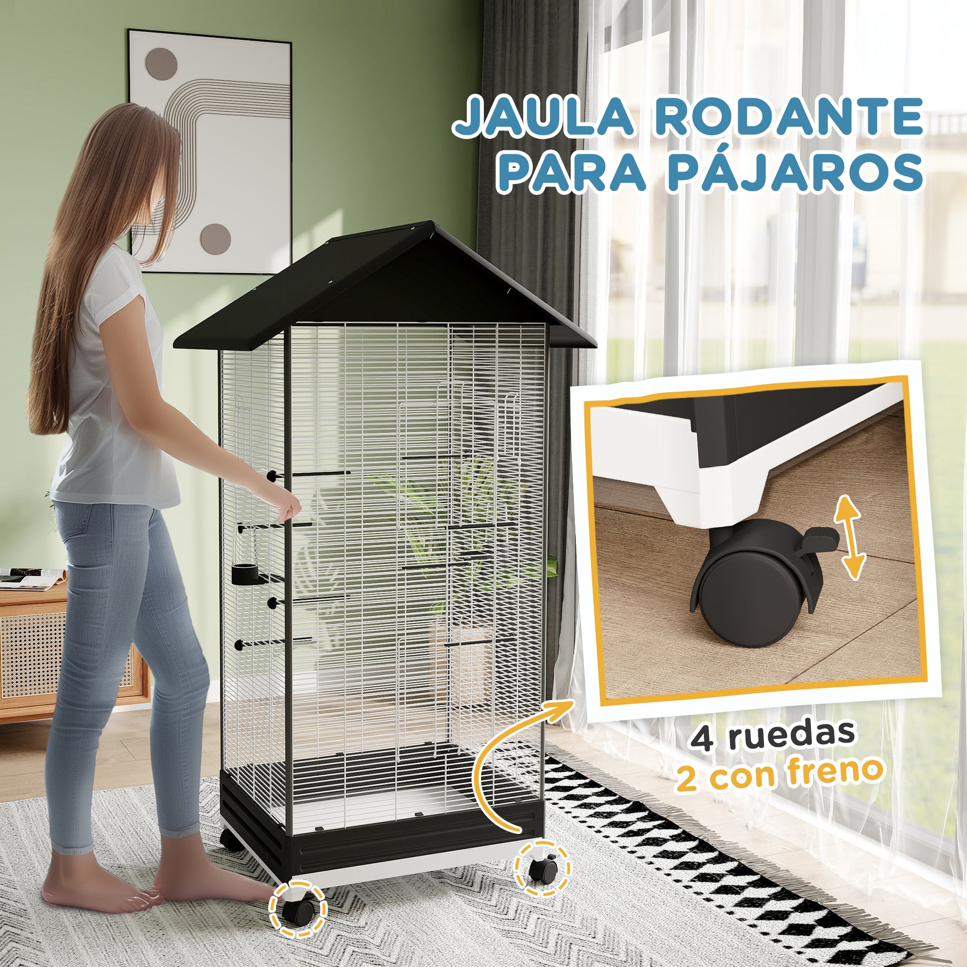 Bird Cage with Wheels Metal Bird Aviary with Removable Tray 4 Doors 2 Feeders 8 Perches for Canaries Parakeets 79x65x155 cm Black
