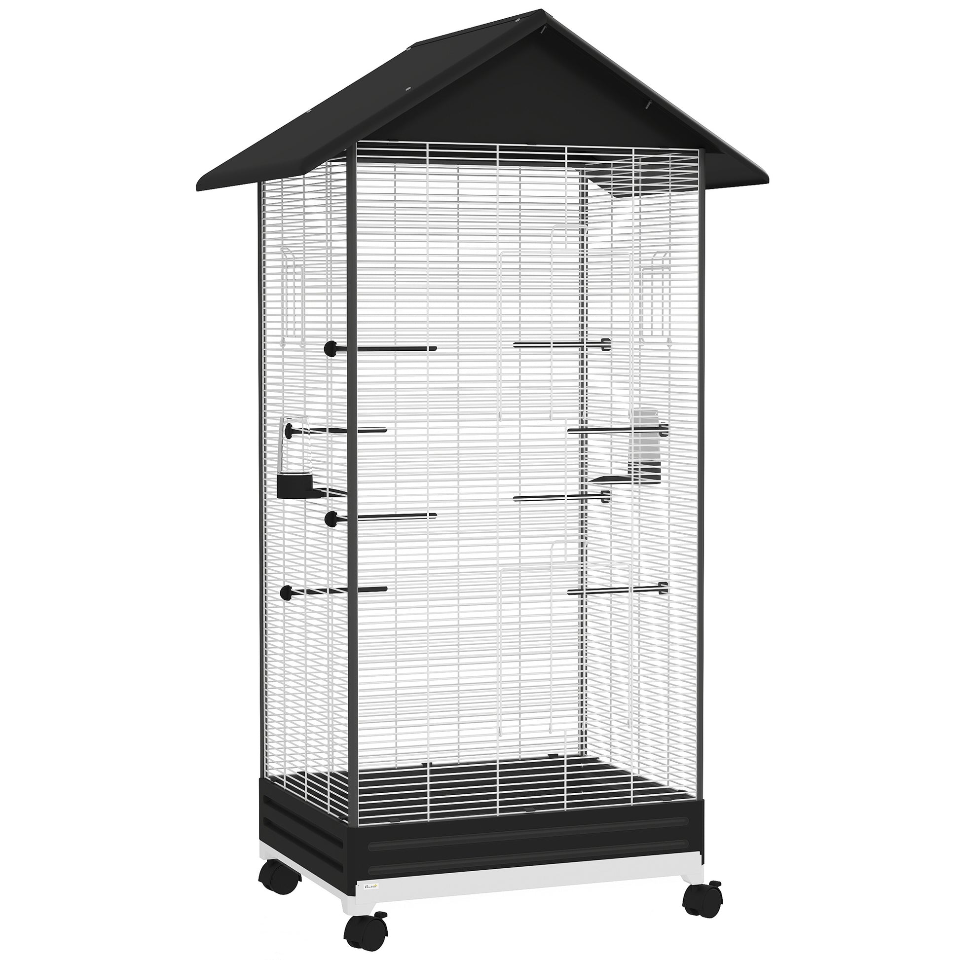 Bird Cage with Wheels Metal Bird Aviary with Removable Tray 4 Doors 2 Feeders 8 Perches for Canaries Parakeets 79x65x155 cm Black