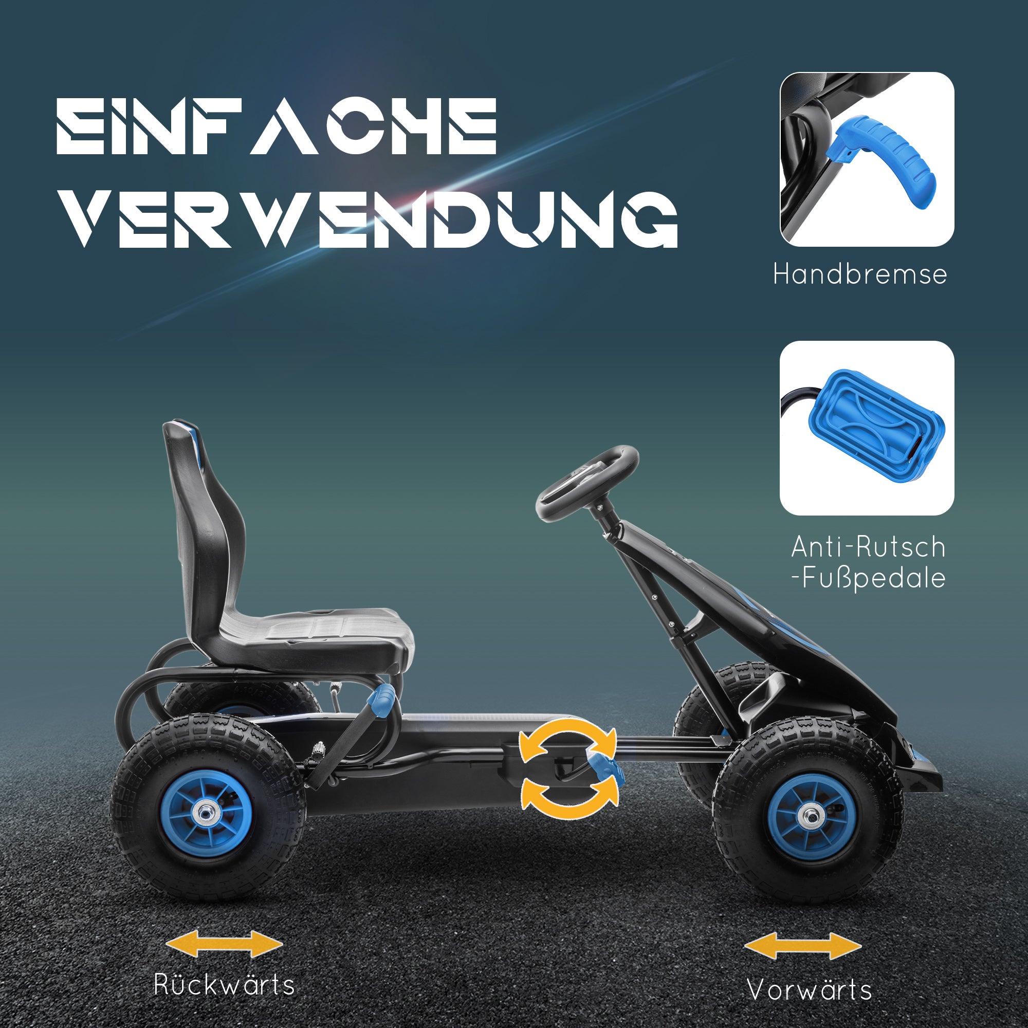Go-Kart, Kids Vehicle with Adjustable Seat, Pedal Car with Rubber Tires, Pedal and Handbrake, Go Cart for 5-12 Years Kids, Outdoor, Blue