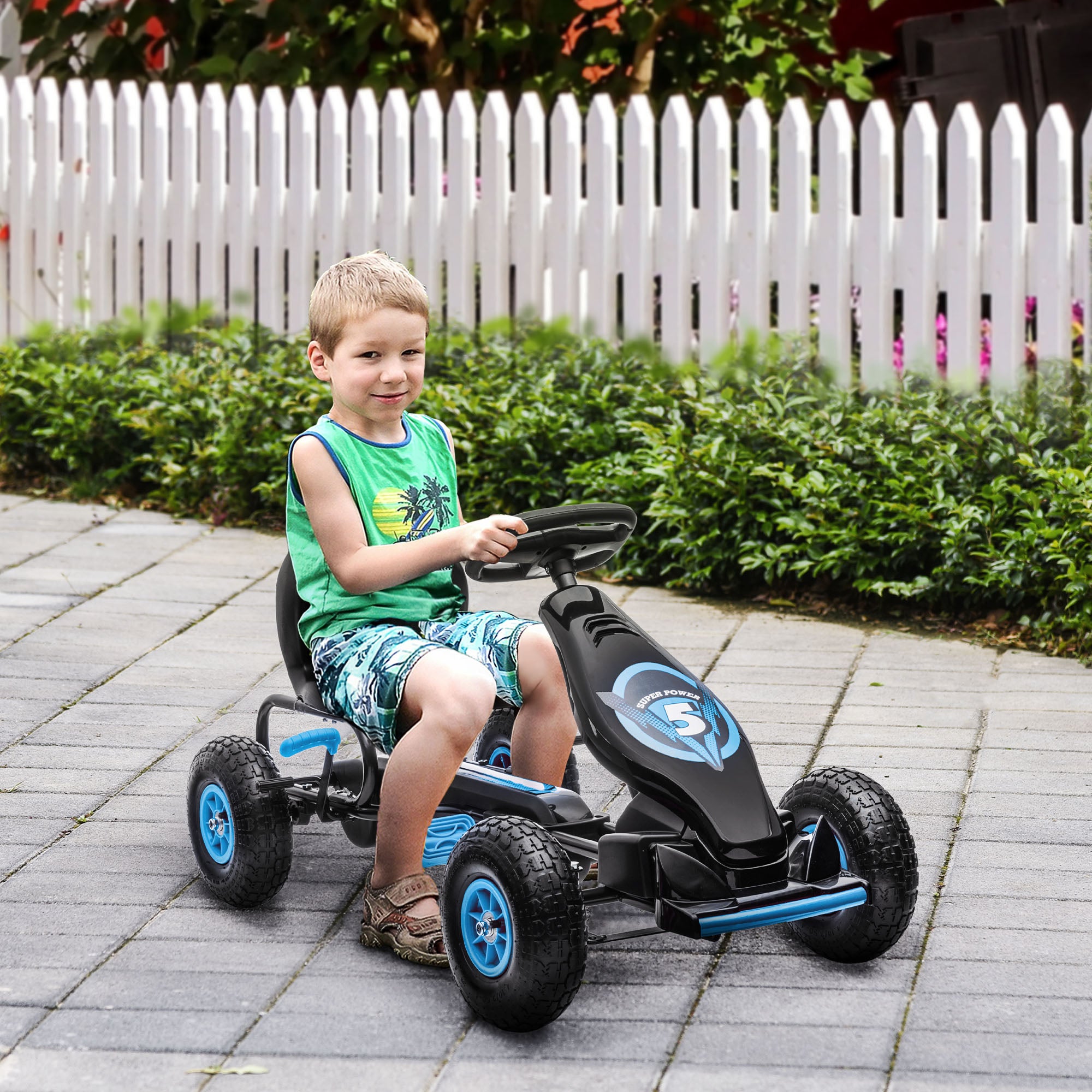 Go-Kart, Kids Vehicle with Adjustable Seat, Pedal Car with Rubber Tires, Pedal and Handbrake, Go Cart for 5-12 Years Kids, Outdoor, Blue