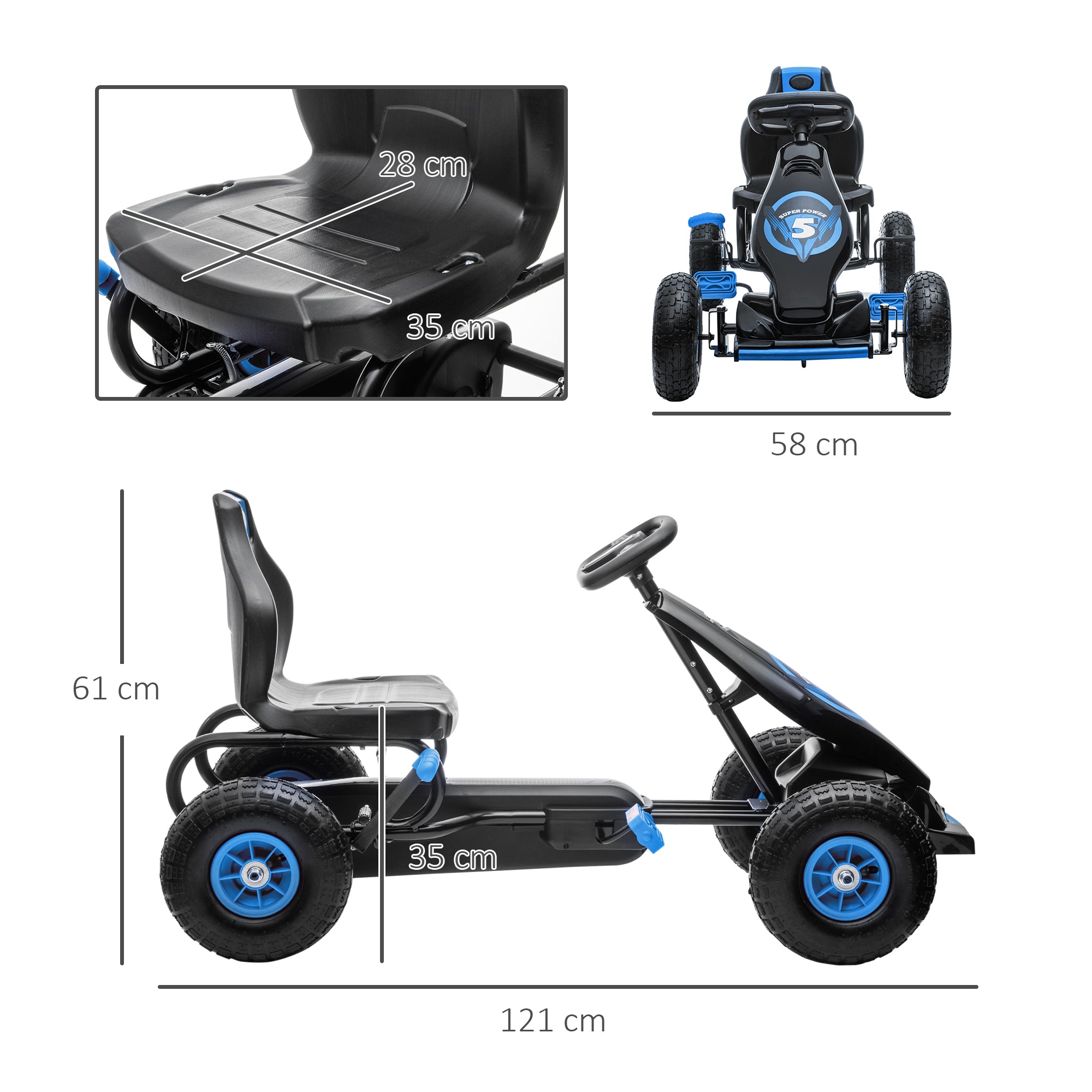 Go-Kart, Kids Vehicle with Adjustable Seat, Pedal Car with Rubber Tires, Pedal and Handbrake, Go Cart for 5-12 Years Kids, Outdoor, Blue