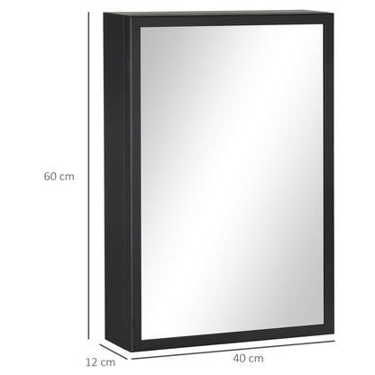 Bathroom Mirror Cabinet with Aluminum Door + Stainless Steel Frame Wall Mounted Mirror Cabinet with 1 Mirror Door and 2 Steel Shelves 40 x 12 x 60 cm - Black