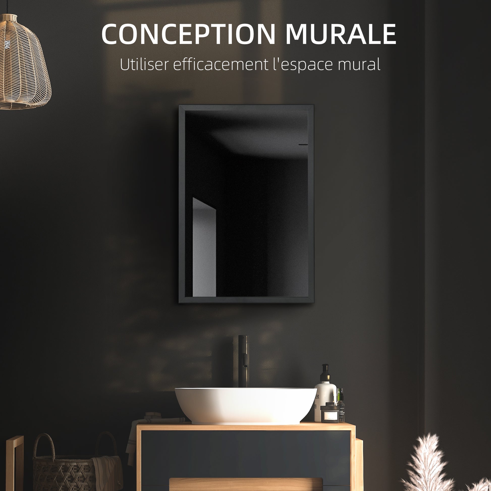 Bathroom Mirror Cabinet with Aluminum Door + Stainless Steel Frame Wall Mounted Mirror Cabinet with 1 Mirror Door and 2 Steel Shelves 40 x 12 x 60 cm - Black