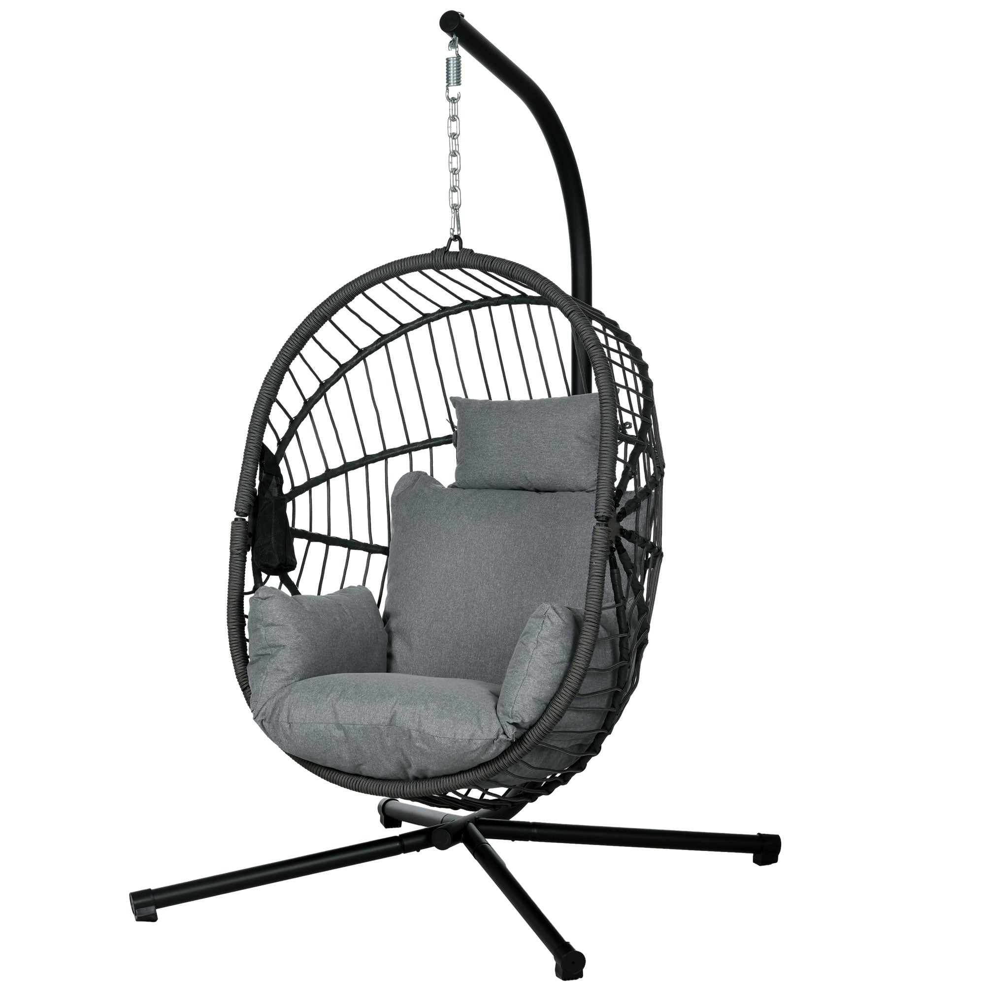 Hanging Chair with Stand, Egg-shaped Hanging Swing with Removable Cushion, Cup Holder, Foldable Hammock for Outdoor Hanging Chair Indoor Outdoor, Patio, Garden, Gray