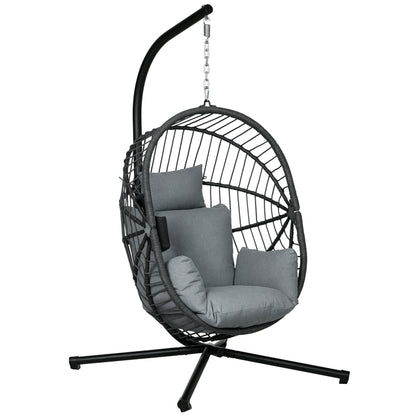 Hanging Chair with Stand, Egg-shaped Hanging Swing with Removable Cushion, Cup Holder, Foldable Hammock for Outdoor Hanging Chair Indoor Outdoor, Patio, Garden, Gray
